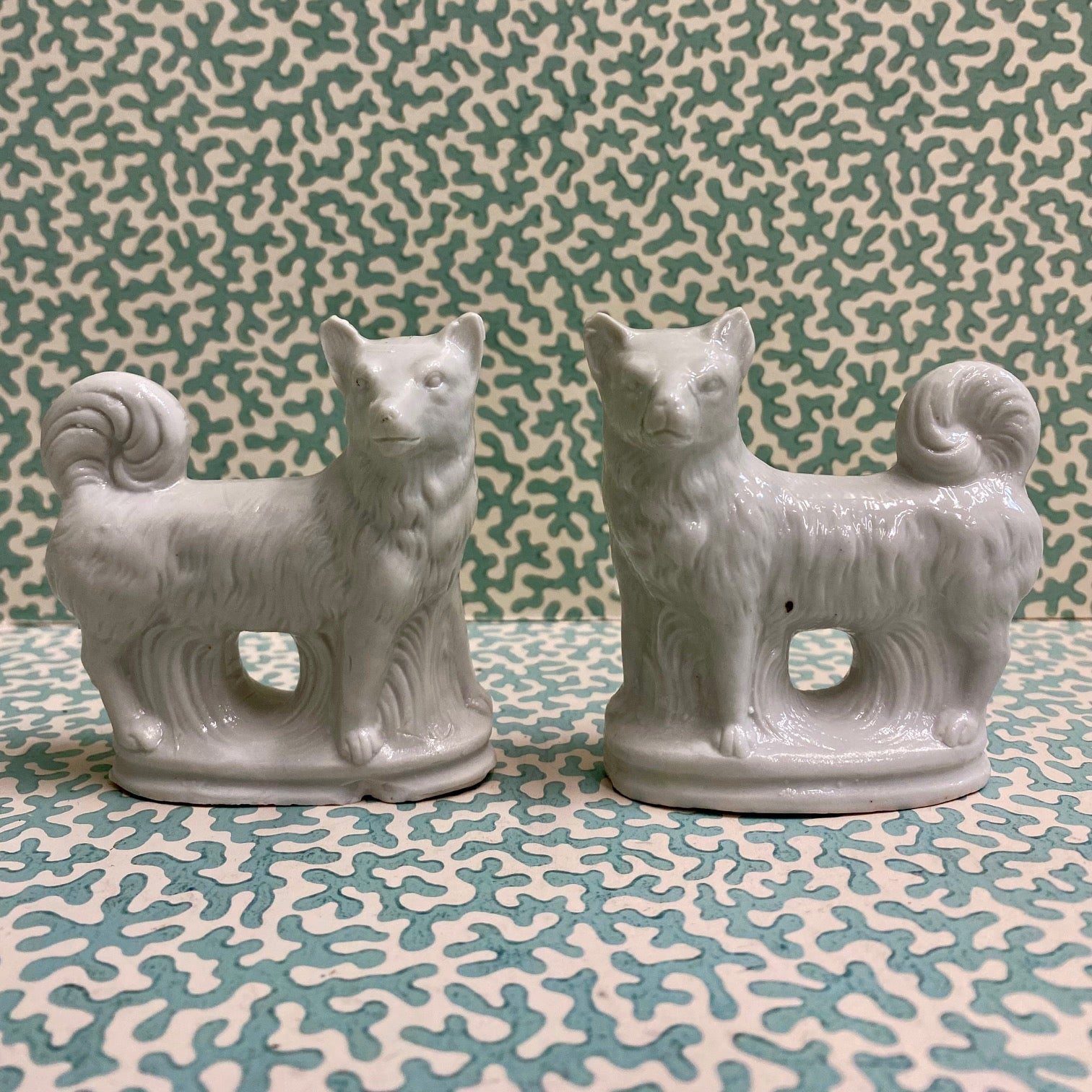 Pair Mini White Bisque Porcelain Standing Dog Figurines  N41