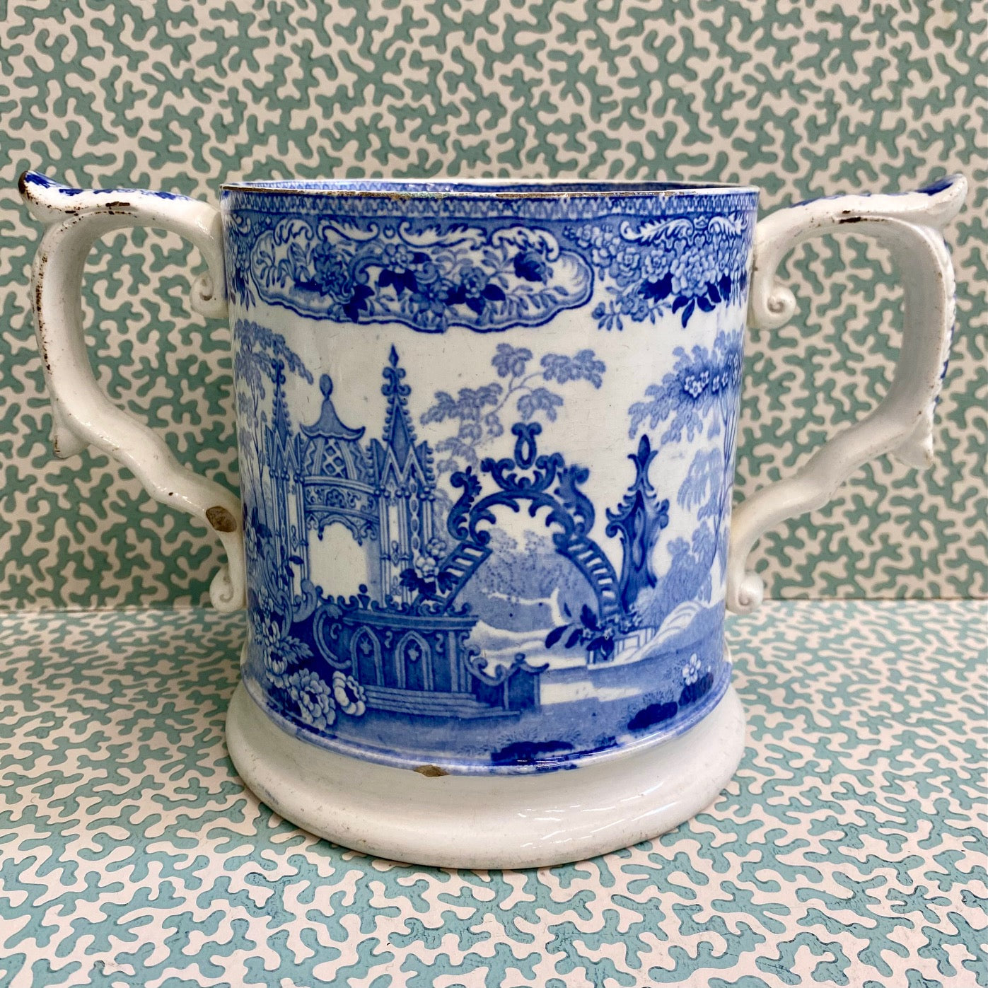 Large Blue & White Double Handled Loving Mug B106