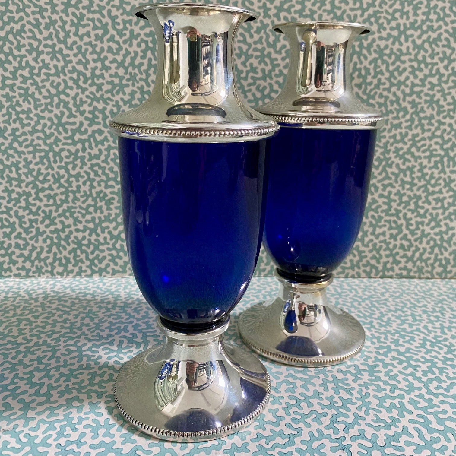 Pair Cobalt Blue Glass Silver Plate Vases  G107