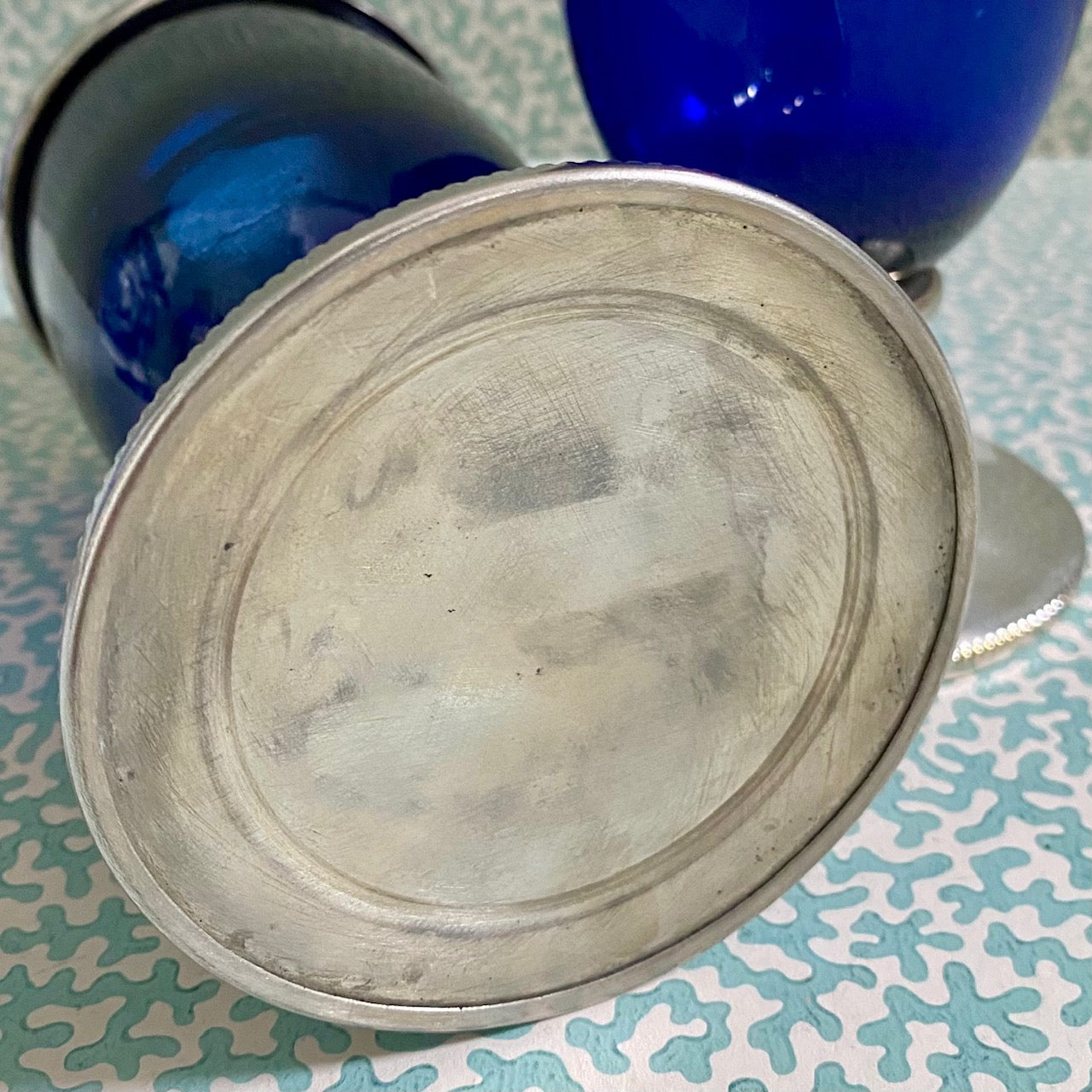 Pair Cobalt Blue Glass Silver Plate Vases  G107