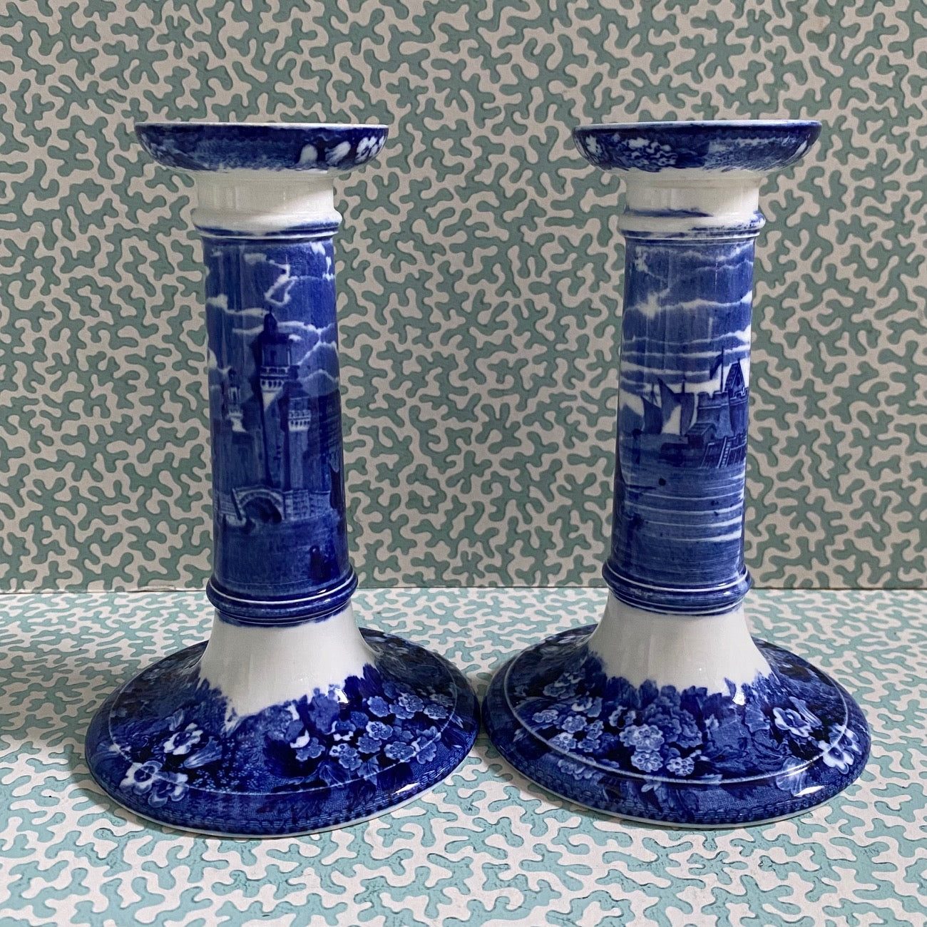 Pair Wedgwood Blue & White Candlesticks  Z75