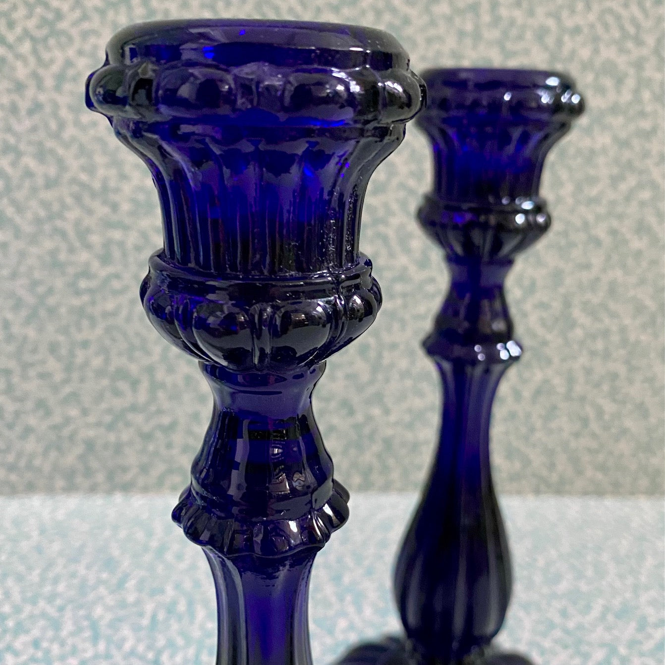 Pair Dark Blue Glass Candlestics  F187
