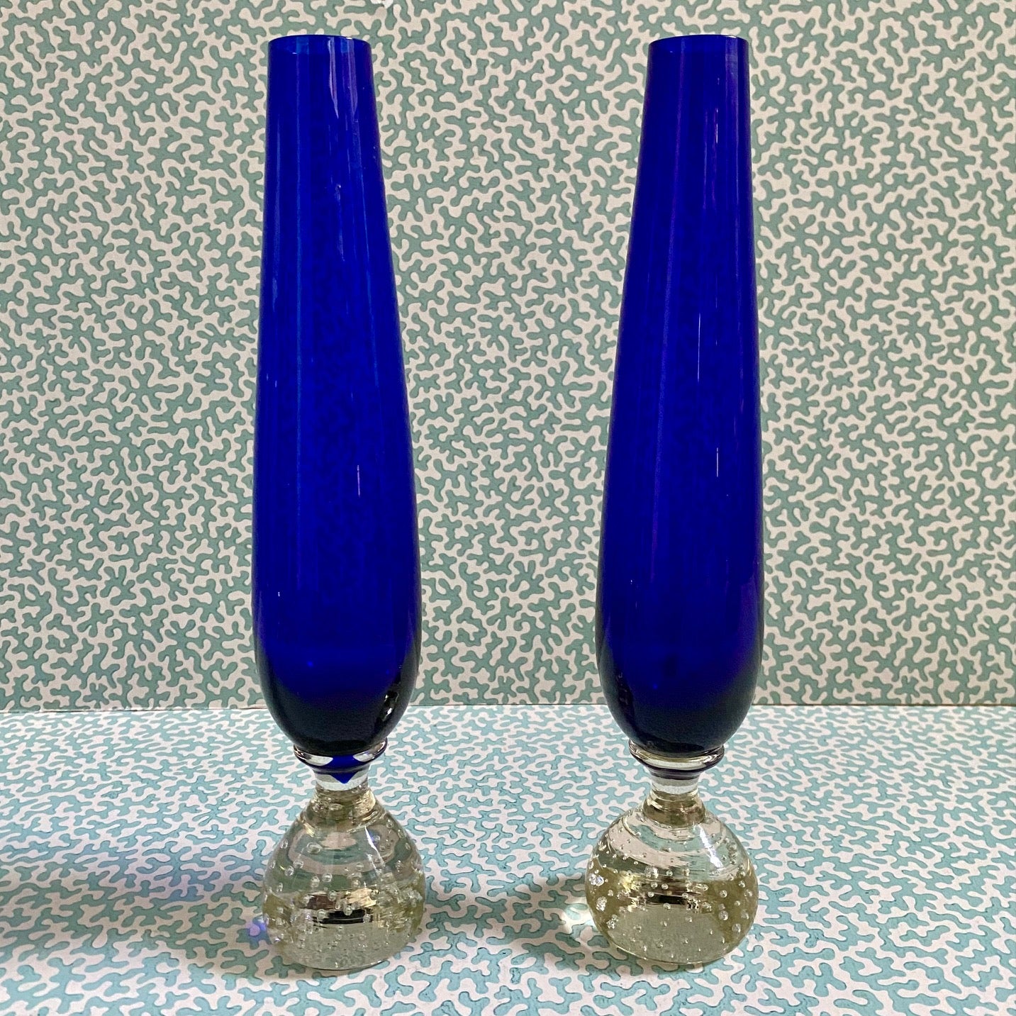 Pair Cobalt Blue Tall Glass Stem Vases  F102