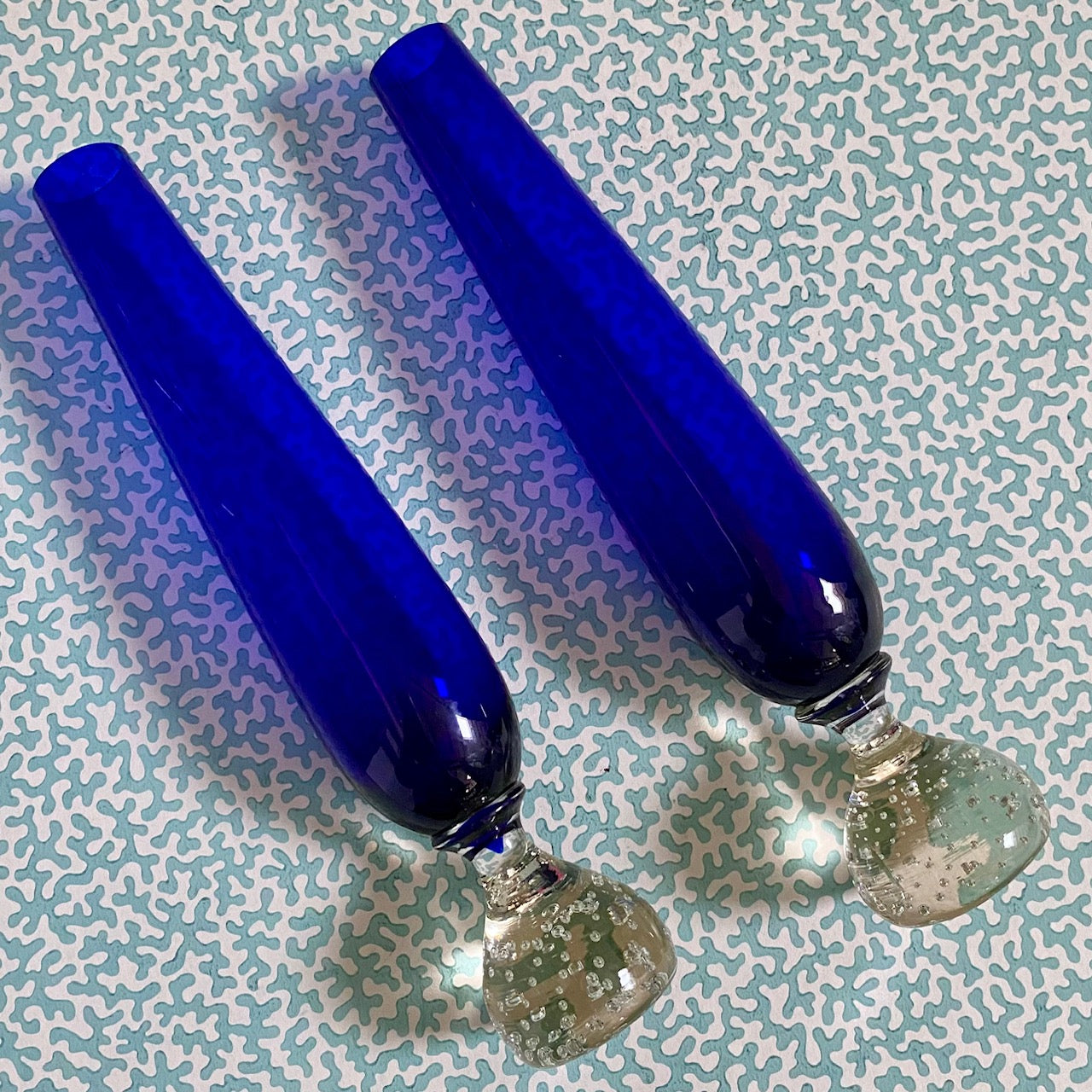 Pair Cobalt Blue Tall Glass Stem Vases  F102
