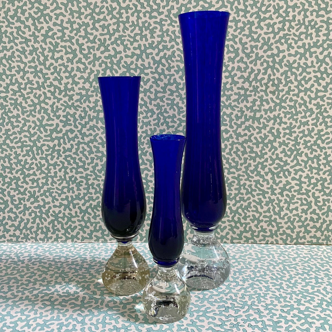 Trio Cobalt Blue Glass Stem Vases  E190