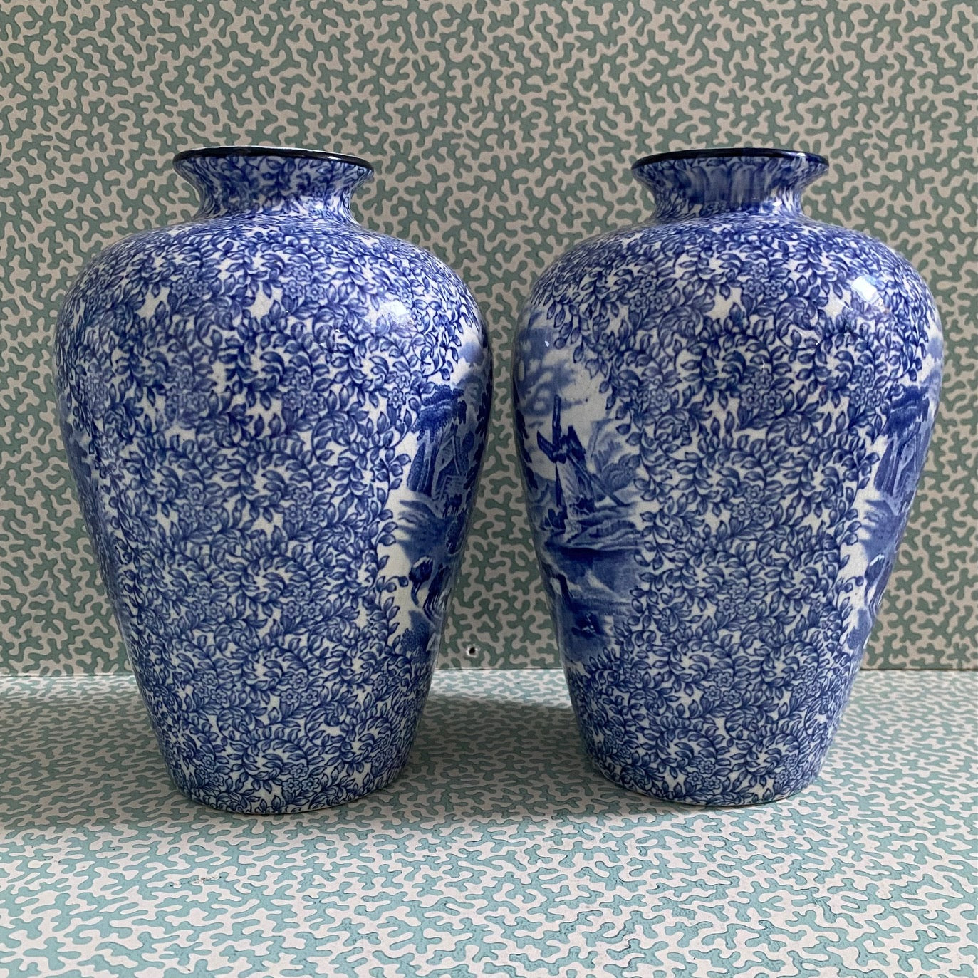Pair Fenton Blue & White Vases  G147