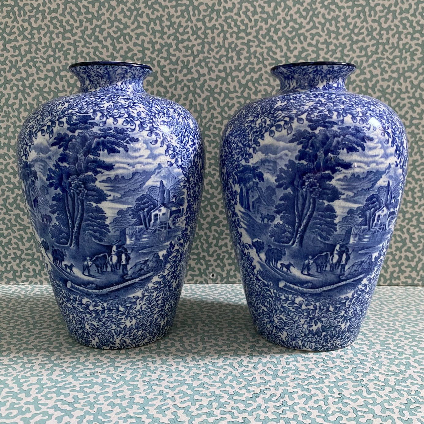 Pair Fenton Blue & White Vases  G147