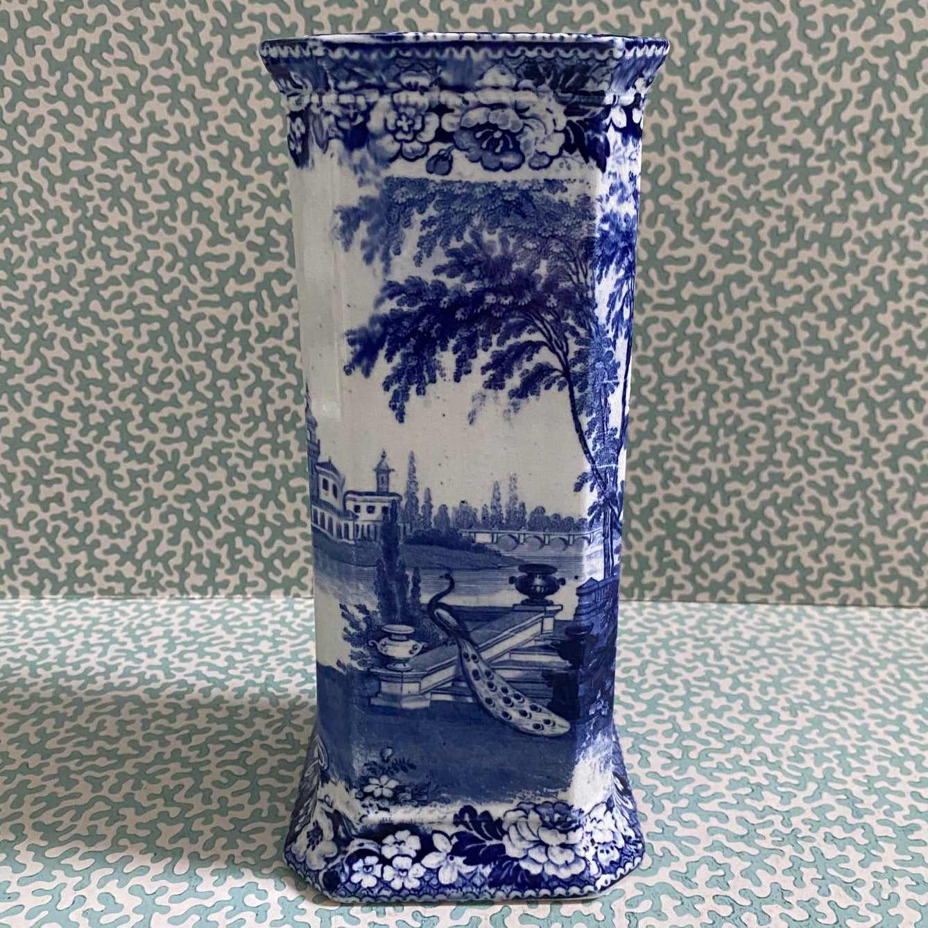 Square Blue & White Vase c1910 Peacock Pattern  A103
