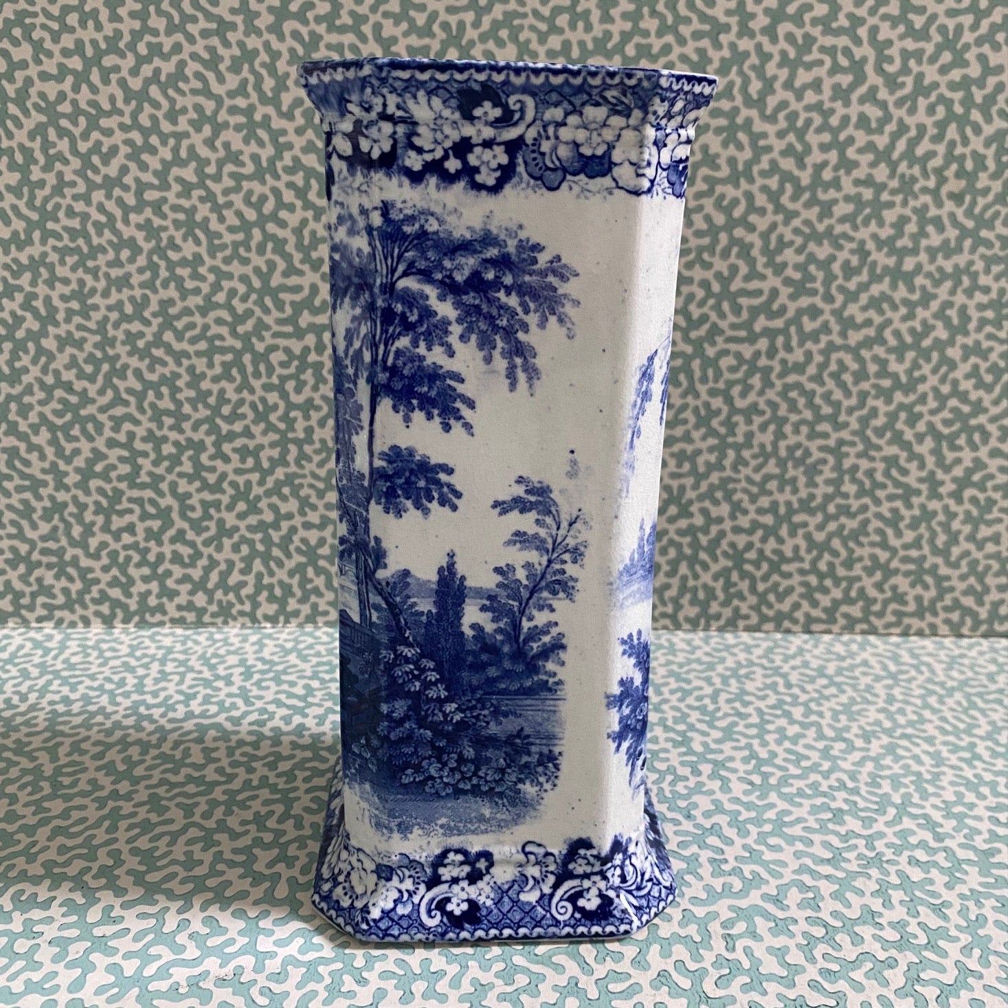 Square Blue & White Vase c1910 Peacock Pattern  A103