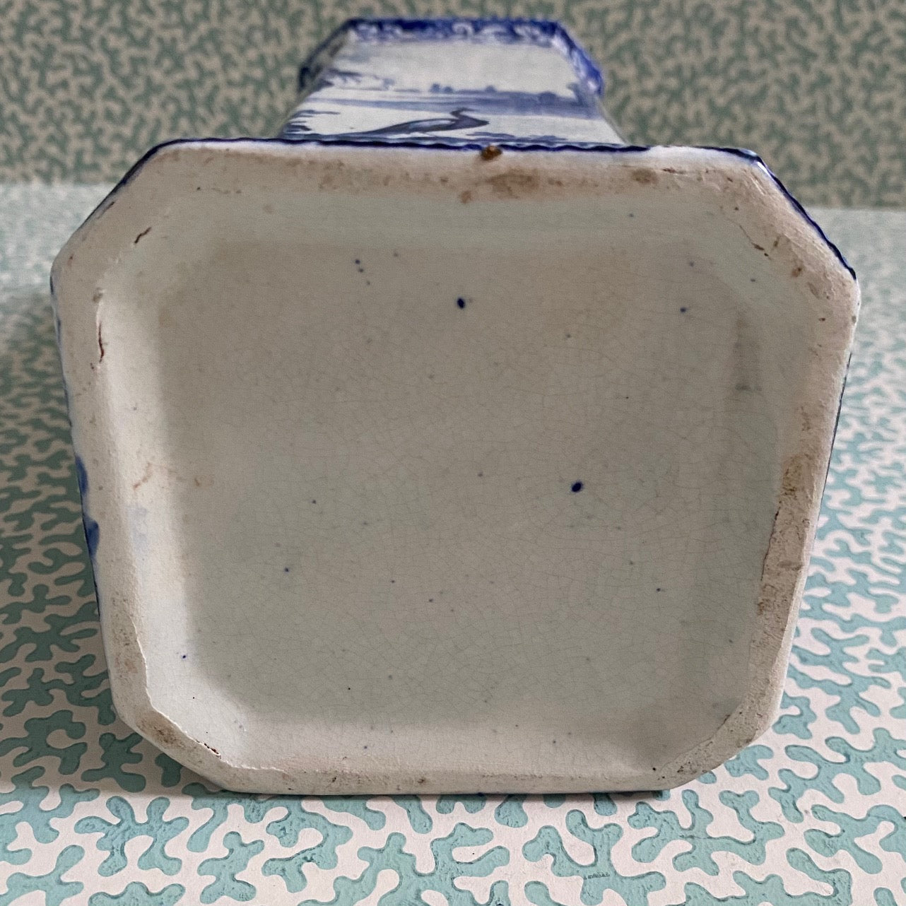 Square Blue & White Vase c1910 Peacock Pattern  A103