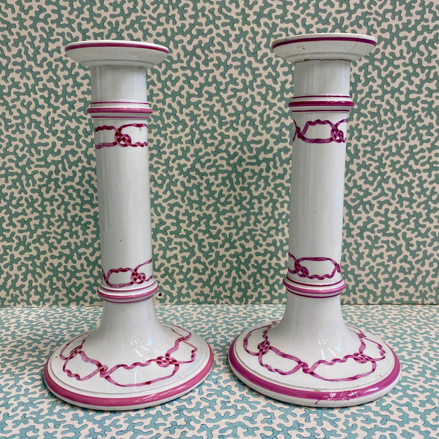 Pair Victorian Pink Ribbon Candlesticks  T66