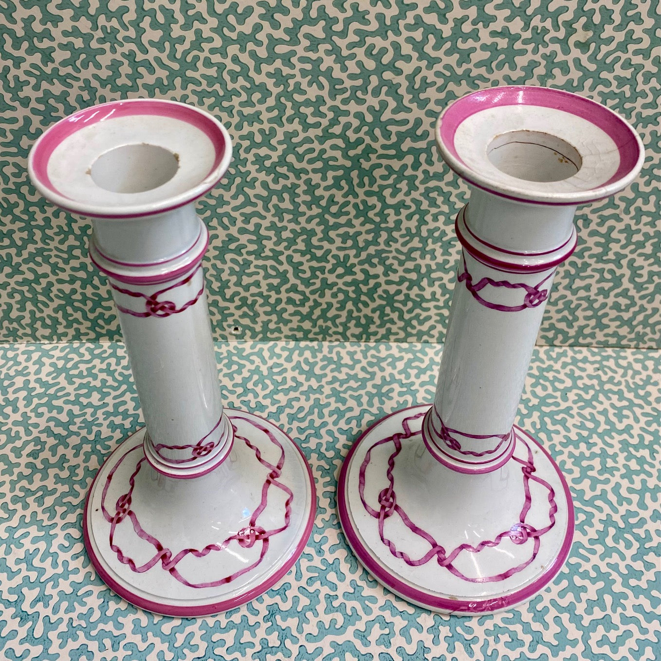 Pair Victorian Pink Ribbon Candlesticks  T66