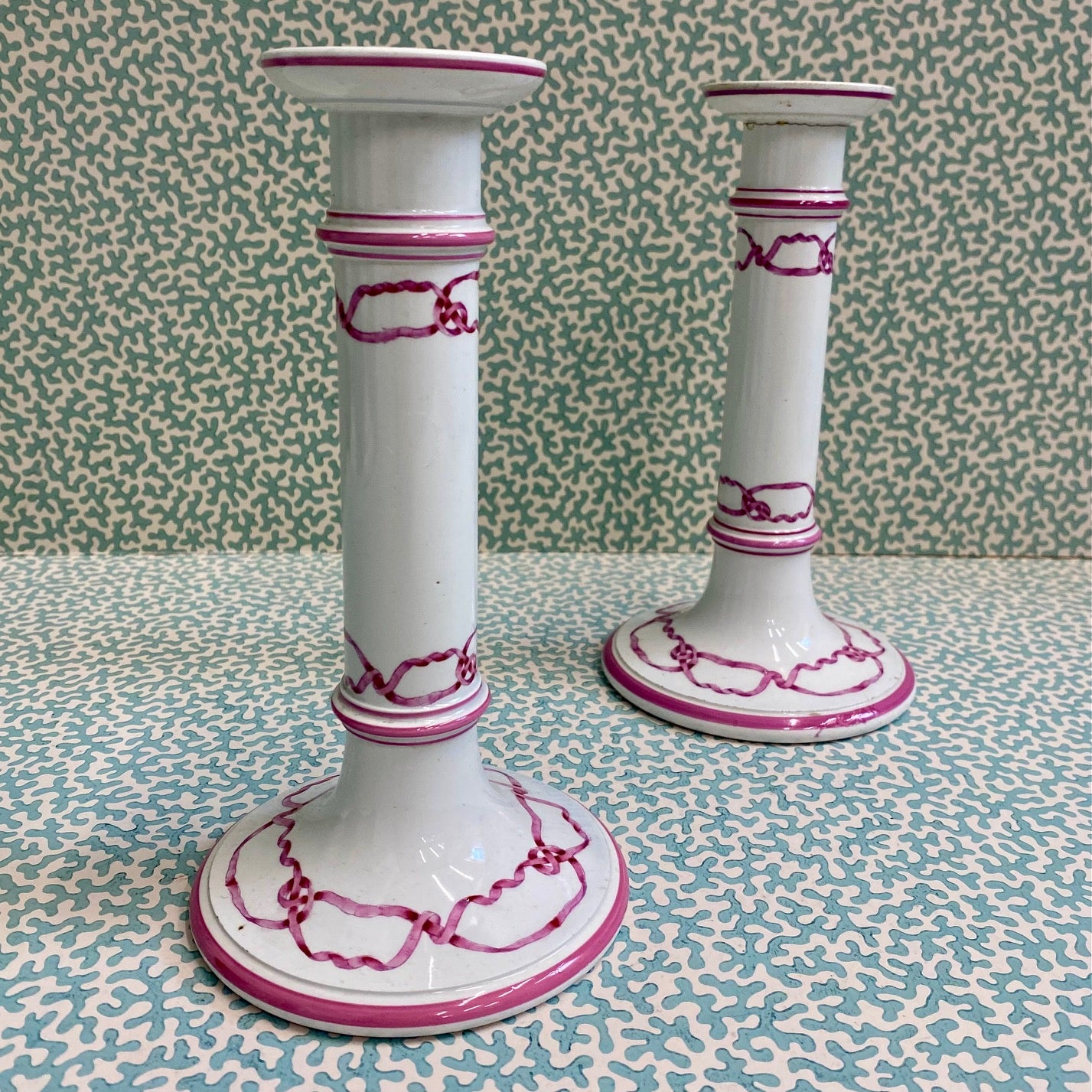 Pair Victorian Pink Ribbon Candlesticks  T66