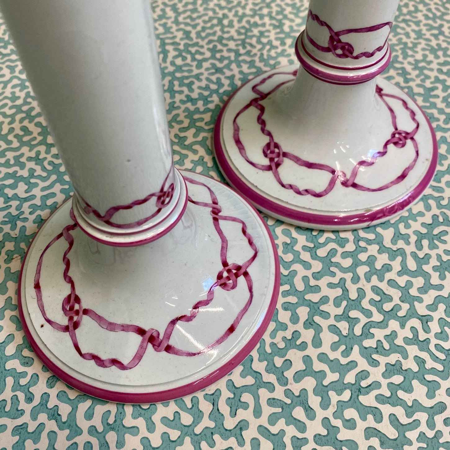 Pair Victorian Pink Ribbon Candlesticks  T66