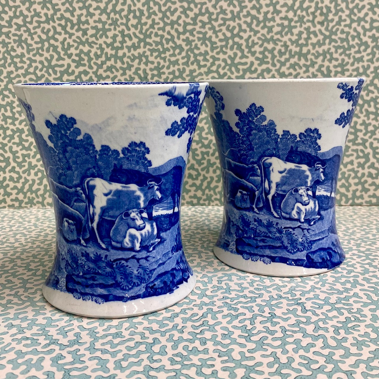 Pair Large Blue & White Adams Cattle Scenery Mugs  G148
