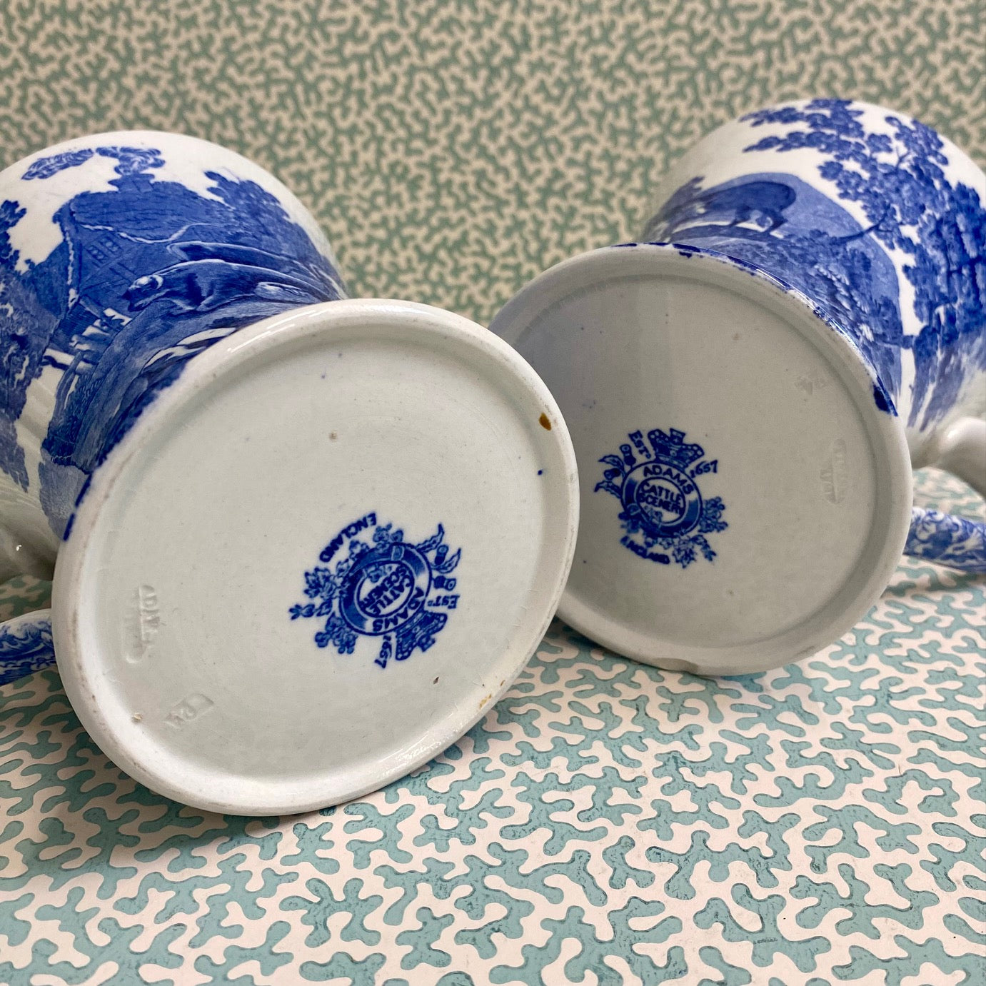Pair Large Blue & White Adams Cattle Scenery Mugs  G148