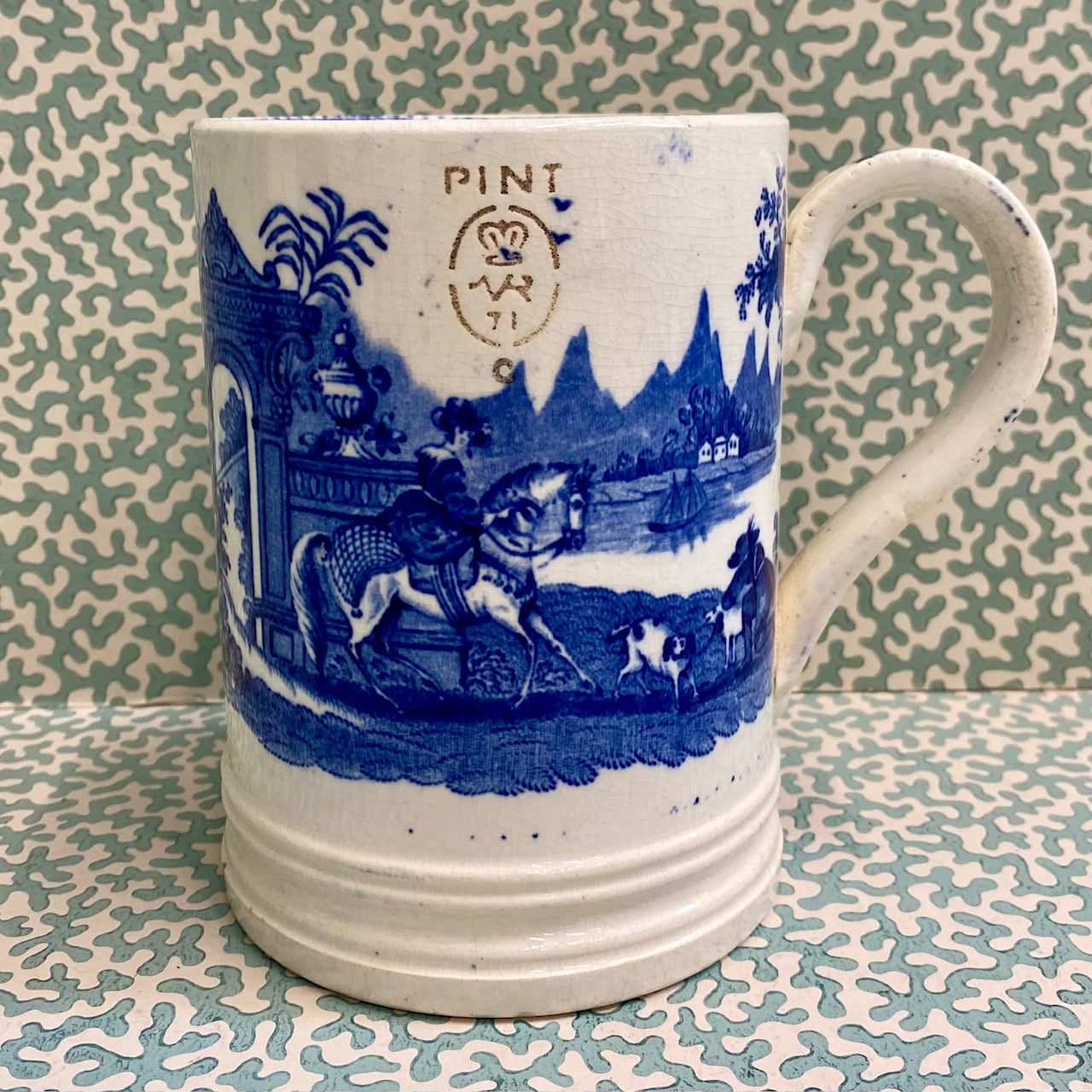 Large Blue & White Pearlware Pottery 5" Imperial Measure Pint Mug  G144