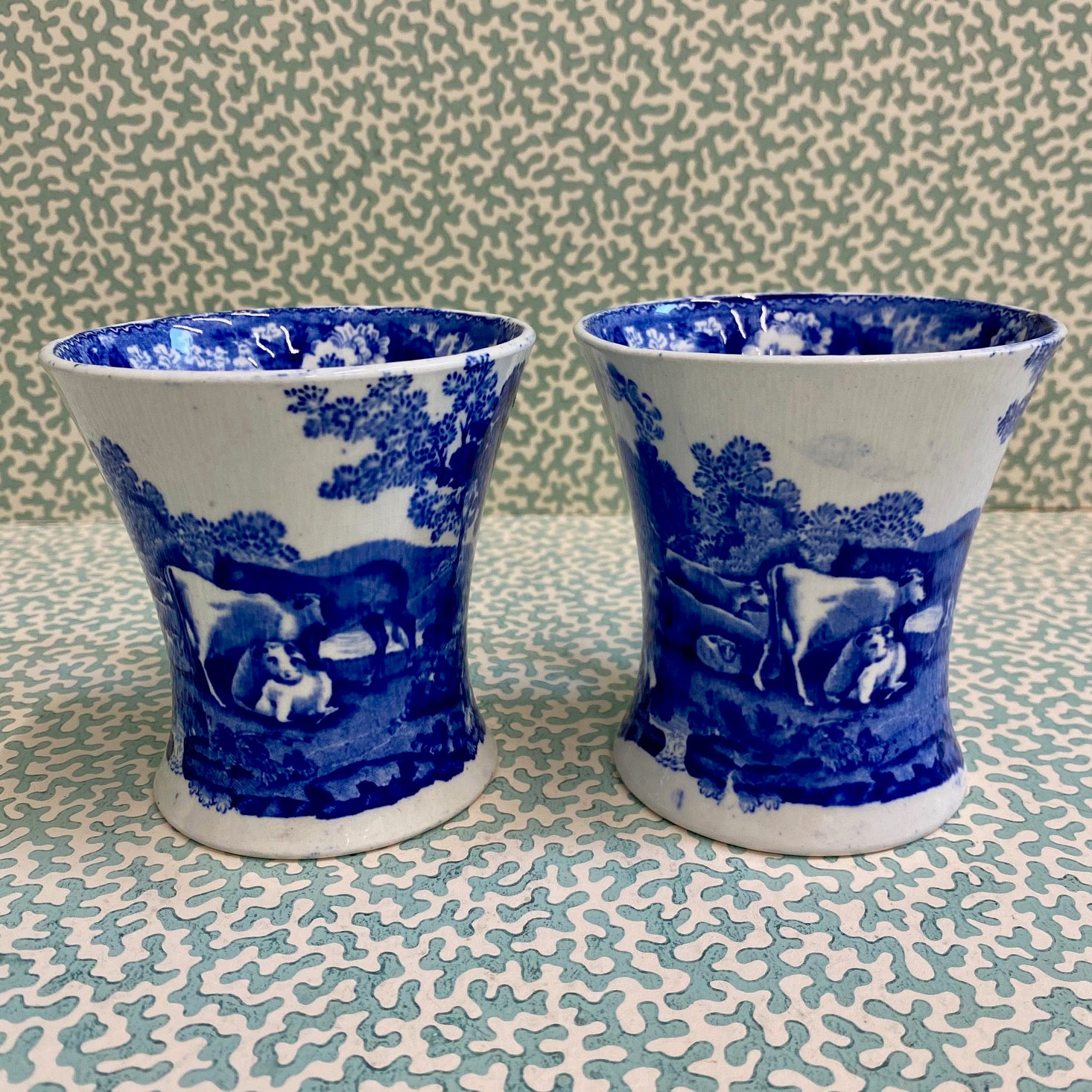 Pair Small Adams Cattle Scenery Pattern Blue & White Mugs  R78