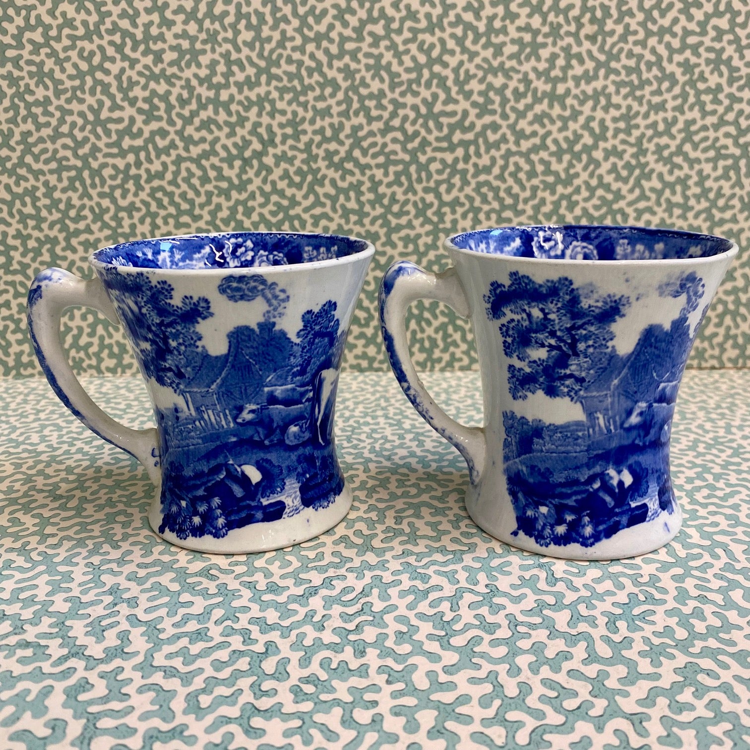 Pair Small Adams Cattle Scenery Pattern Blue & White Mugs  R78