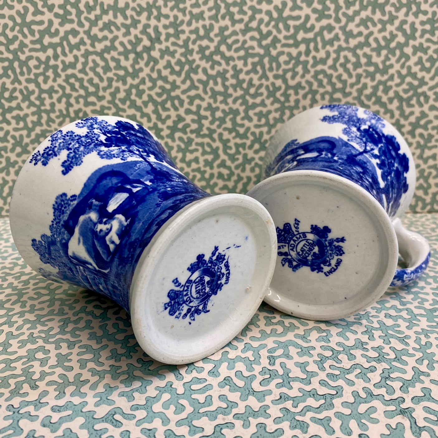 Pair Small Adams Cattle Scenery Pattern Blue & White Mugs  R78