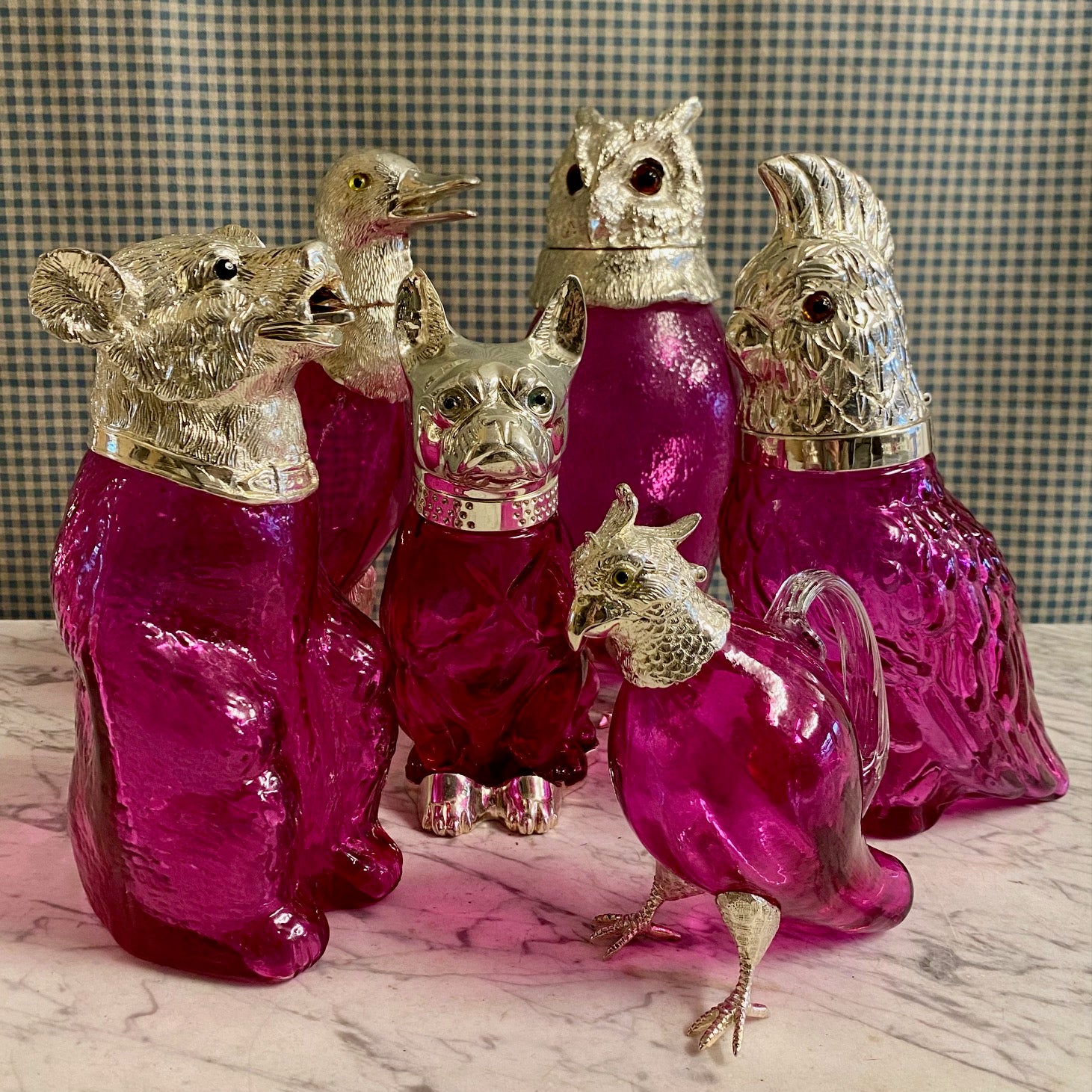 NOVELTY PINK GLASS SILVER PLATED ANIMAL DECANTERS