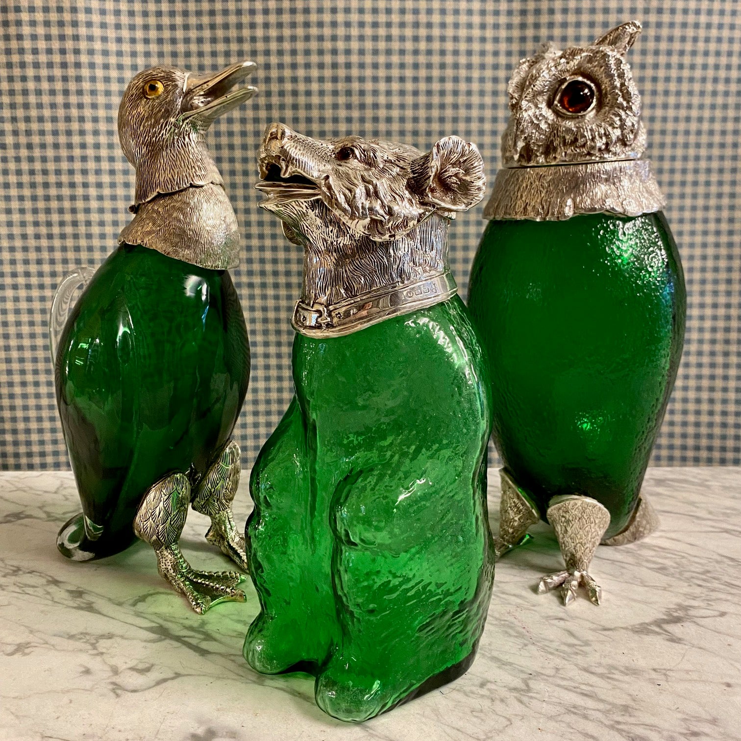NOVELTY GREEN GLASS SILVER PLATED ANIMAL DECANTERS
