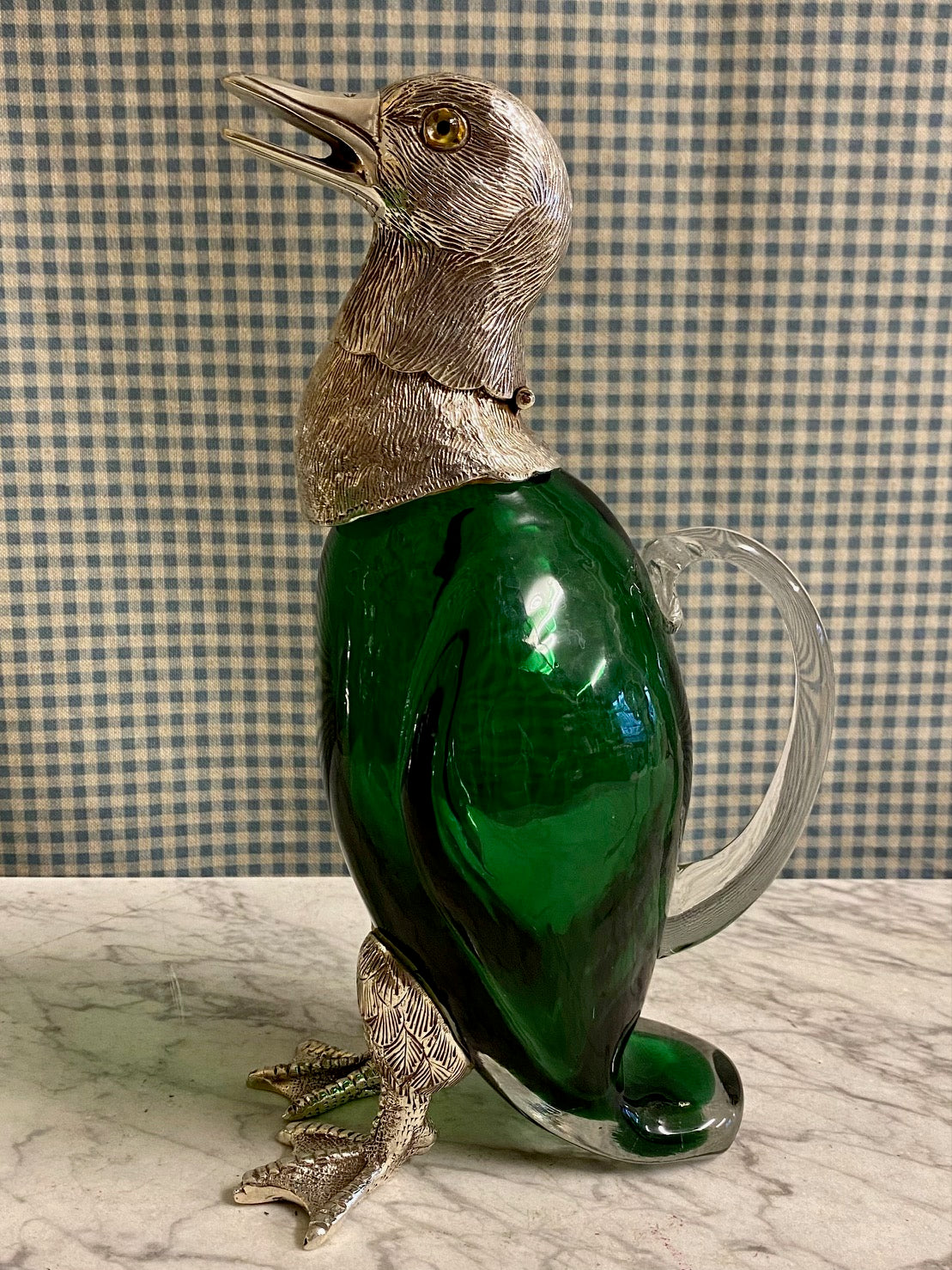 NOVELTY GREEN GLASS SILVER PLATED ANIMAL DECANTERS