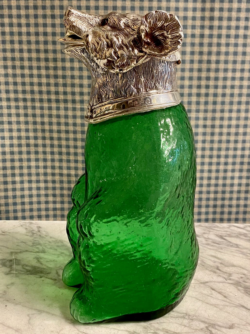 NOVELTY GREEN GLASS SILVER PLATED ANIMAL DECANTERS