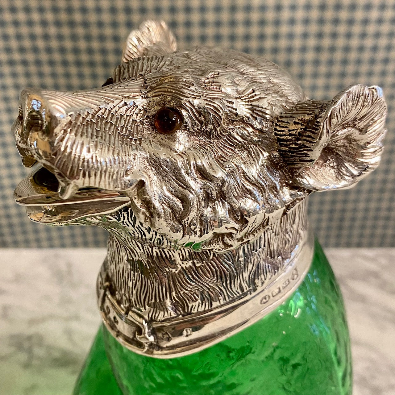 NOVELTY GREEN GLASS SILVER PLATED ANIMAL DECANTERS