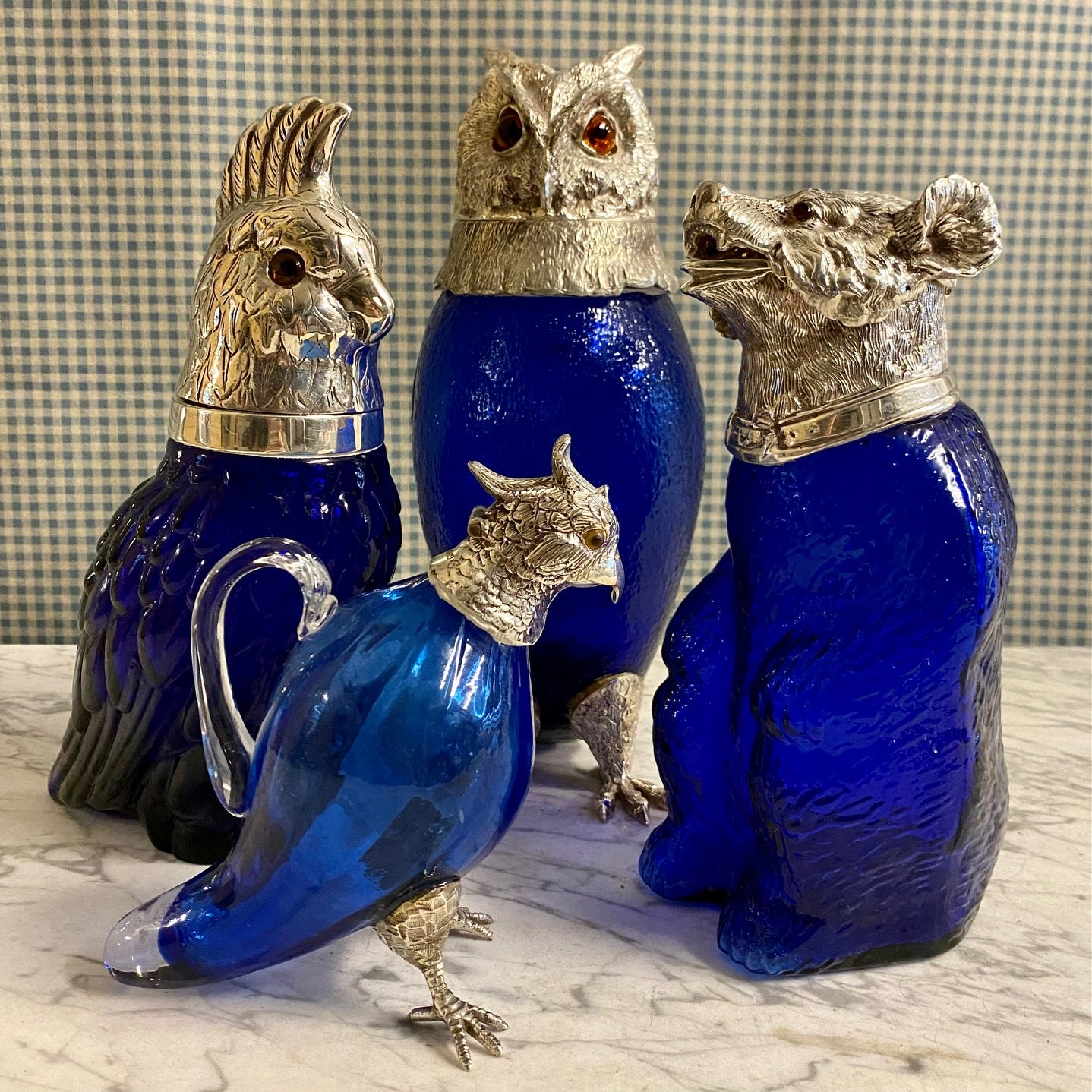 NOVELTY BLUE GLASS SILVER PLATED ANIMAL DECANTERS