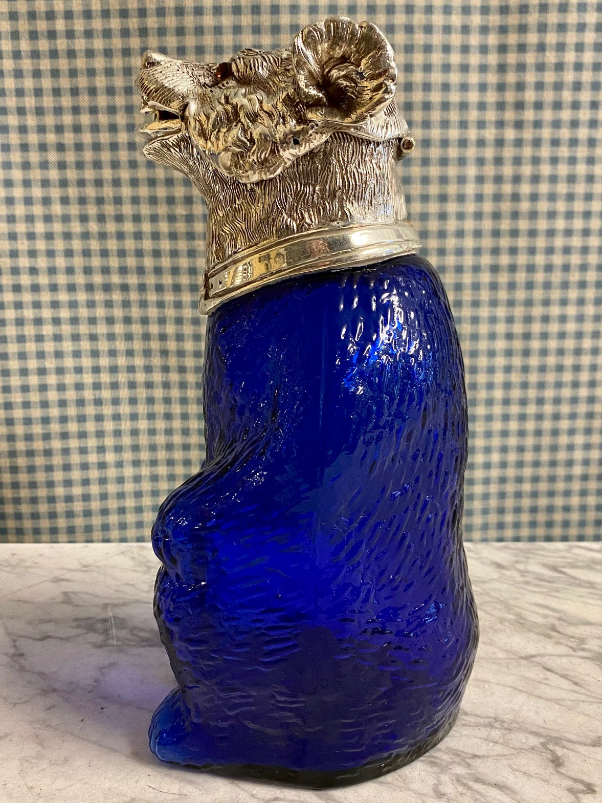 NOVELTY BLUE GLASS SILVER PLATED ANIMAL DECANTERS