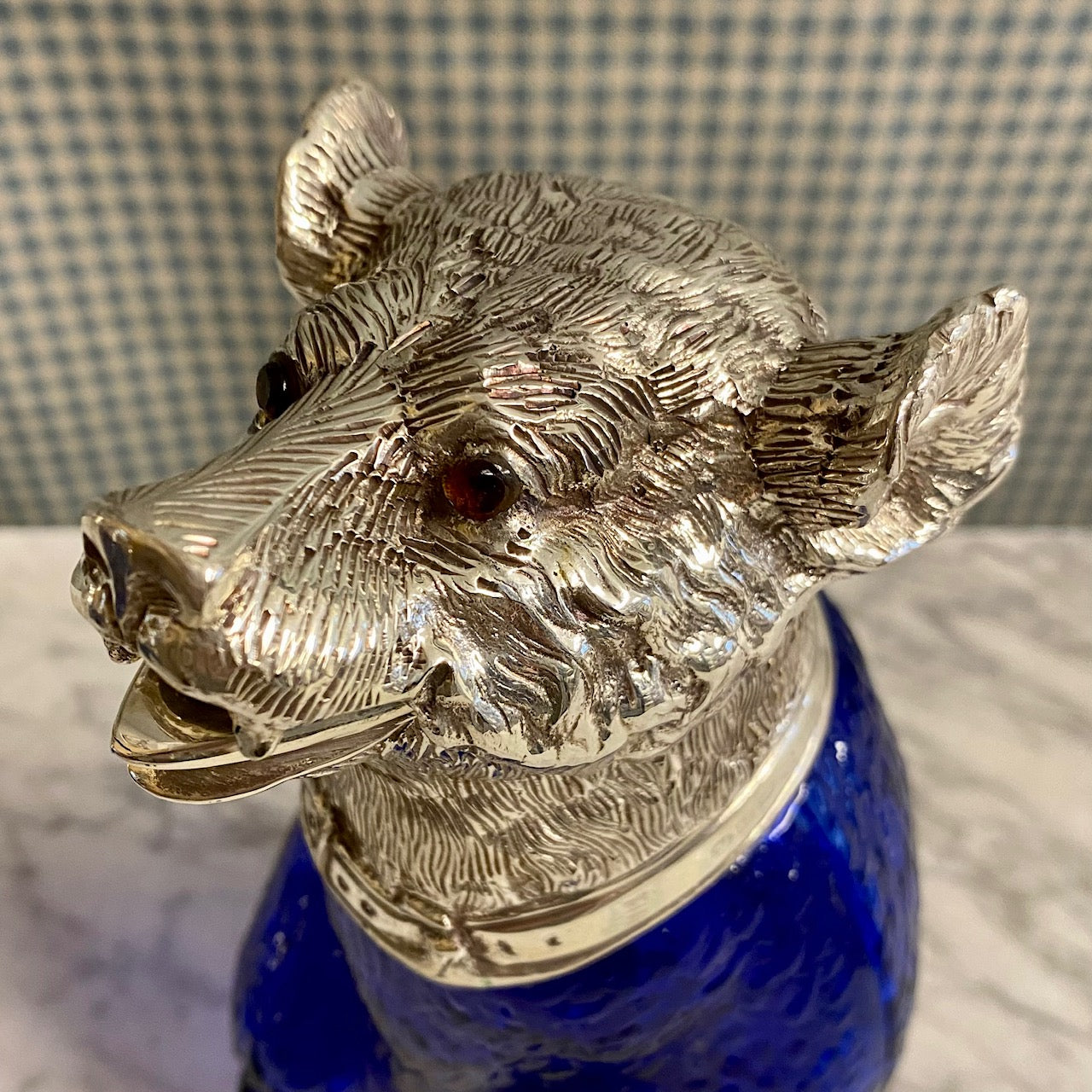 NOVELTY BLUE GLASS SILVER PLATED ANIMAL DECANTERS