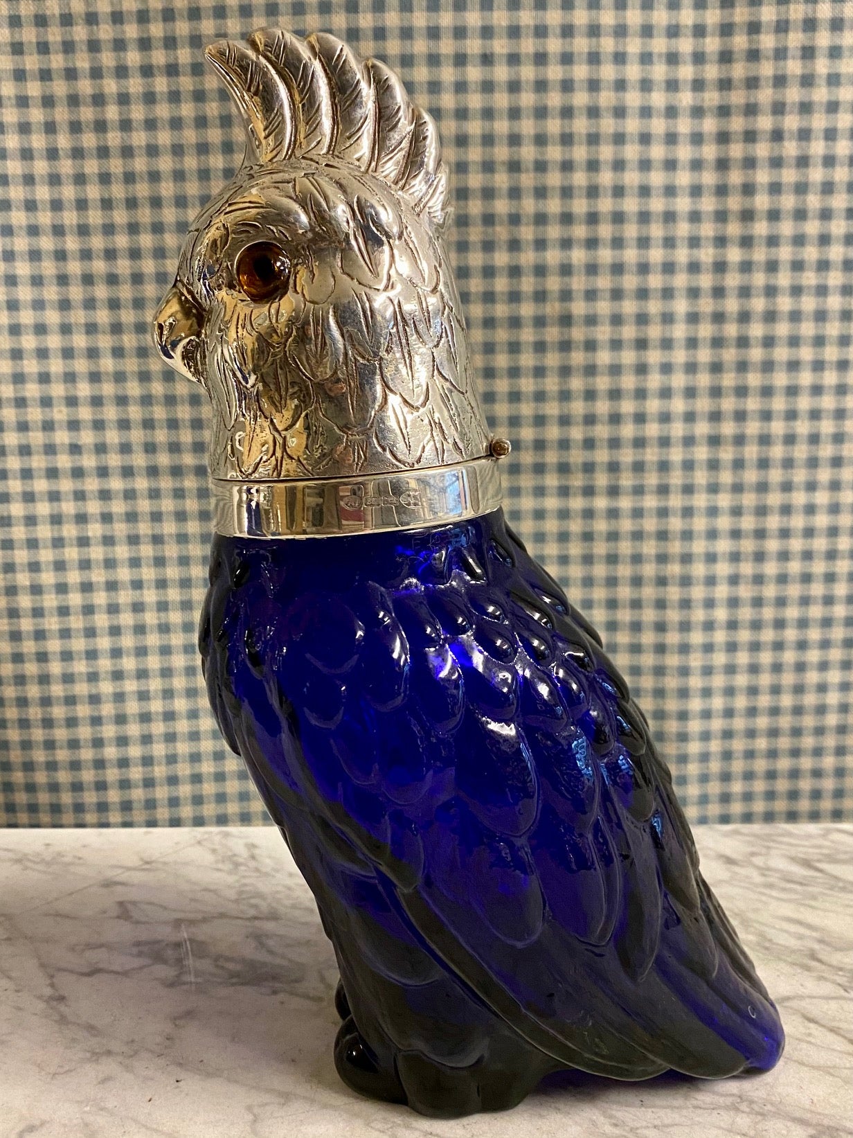 NOVELTY BLUE GLASS SILVER PLATED ANIMAL DECANTERS