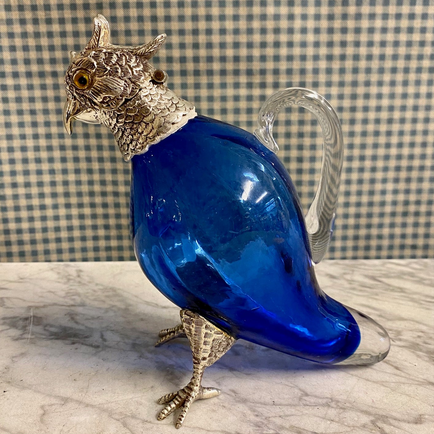 NOVELTY BLUE GLASS SILVER PLATED ANIMAL DECANTERS