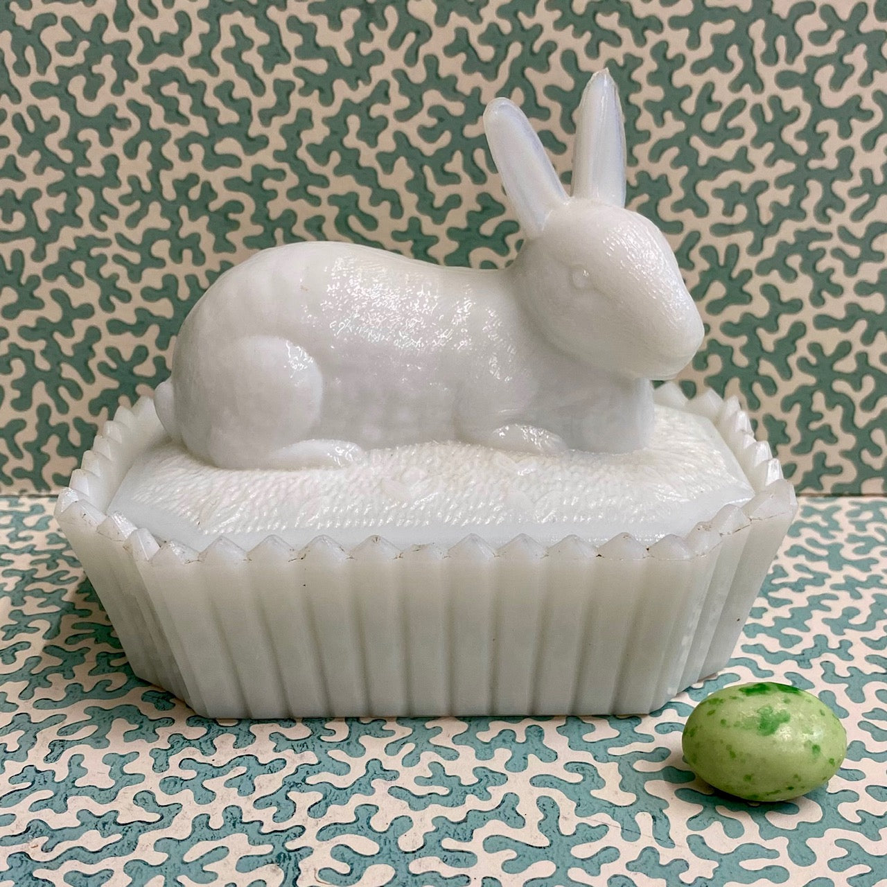 Milk Glass Rabbit Topped Dish  G156