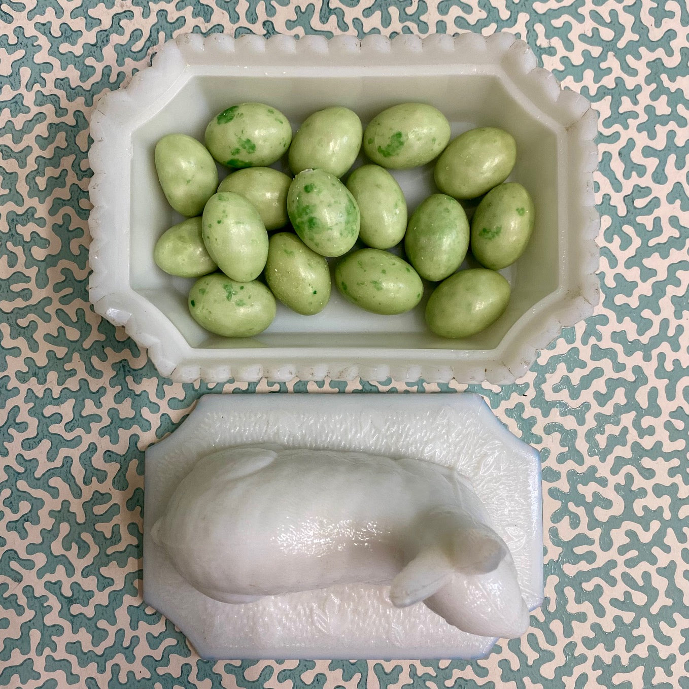 Milk Glass Rabbit Topped Dish  G156