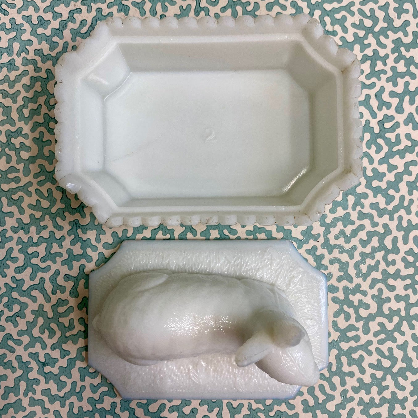 Milk Glass Rabbit Topped Dish  G156