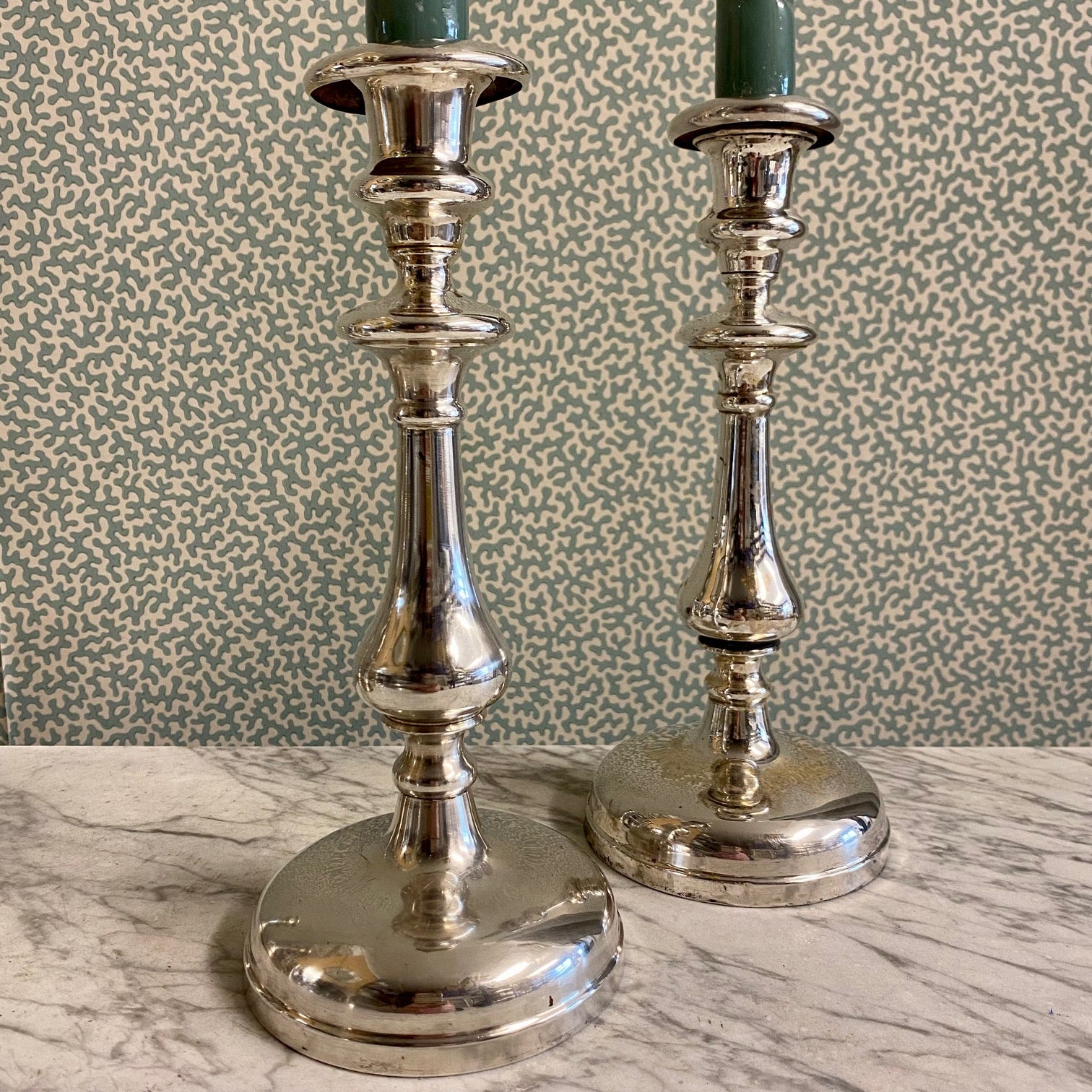 U54 PAIR HEAVY ANTIQUE STERLING SILVER PLATED CANDLESTICKS