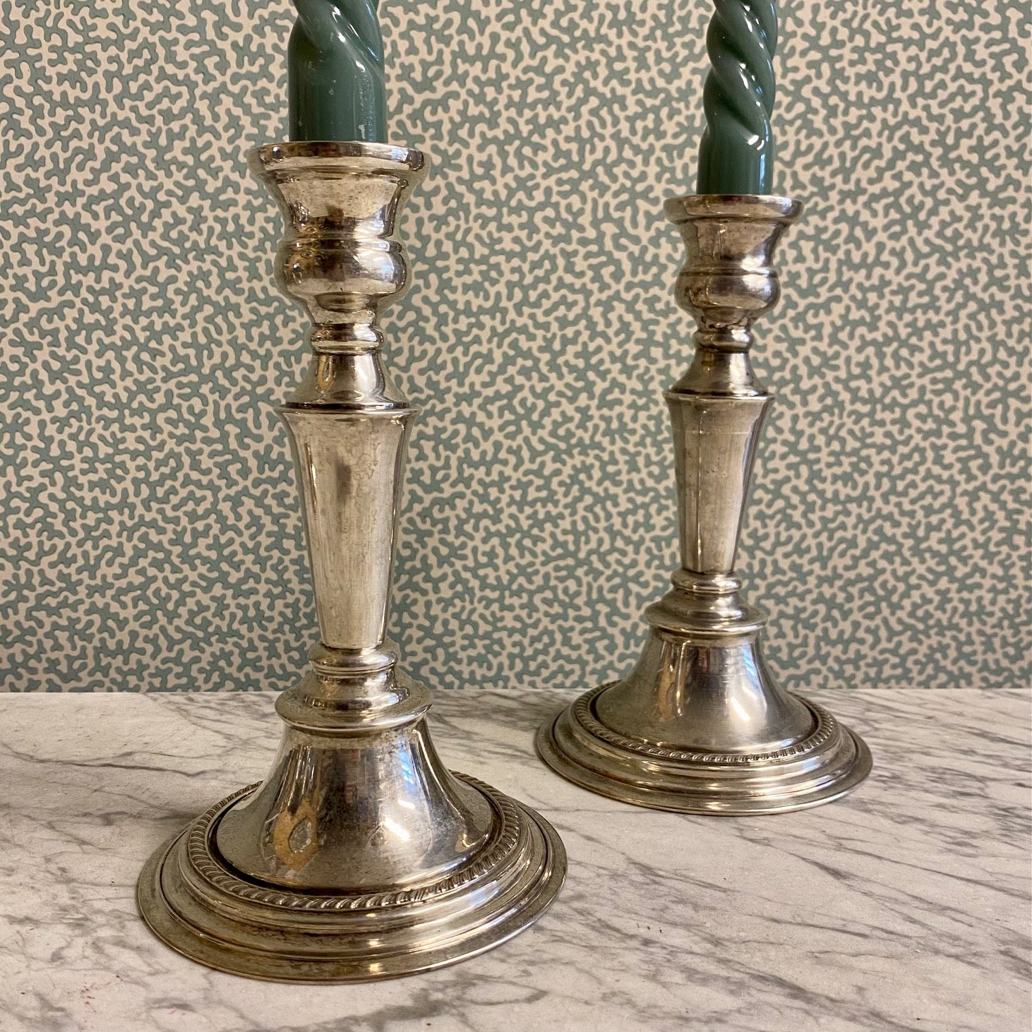 U61 PAIR ANTIQUE SILVER PLATED HEAVY CANDLESTICKS