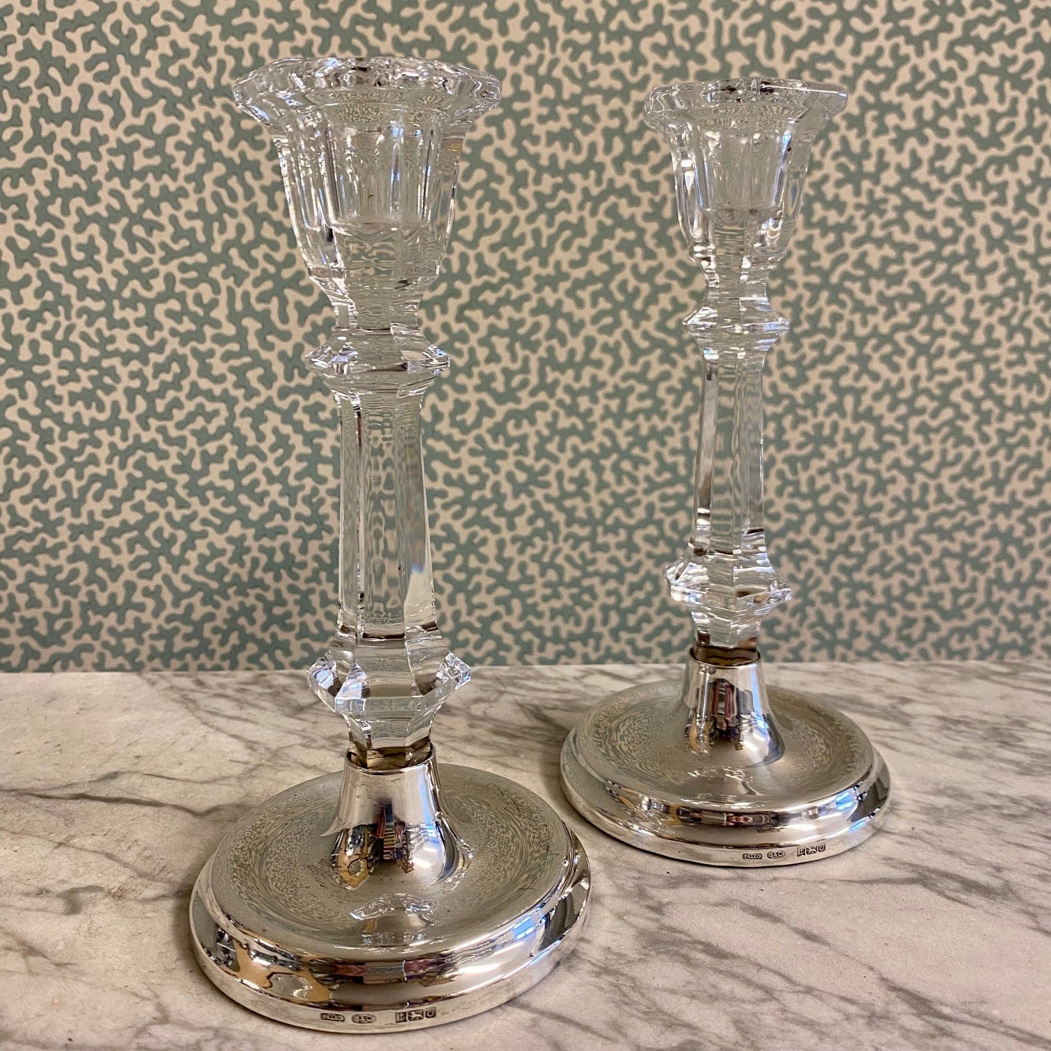 W90 PAIR DELICATE STERLING SILVER & GLASS CANDLESTICKS