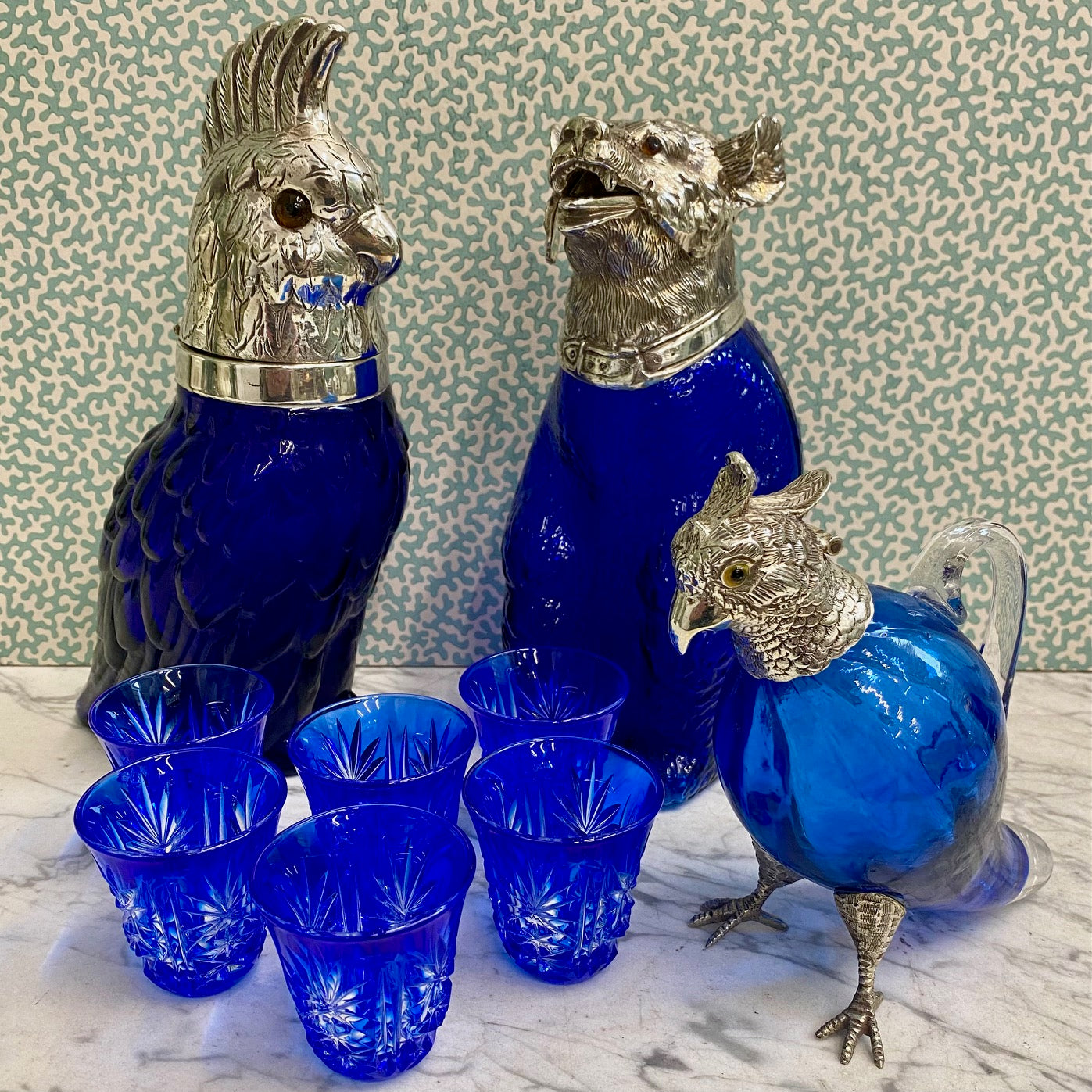 Blue Glass Bear Decanter With Silver Plated Head S10