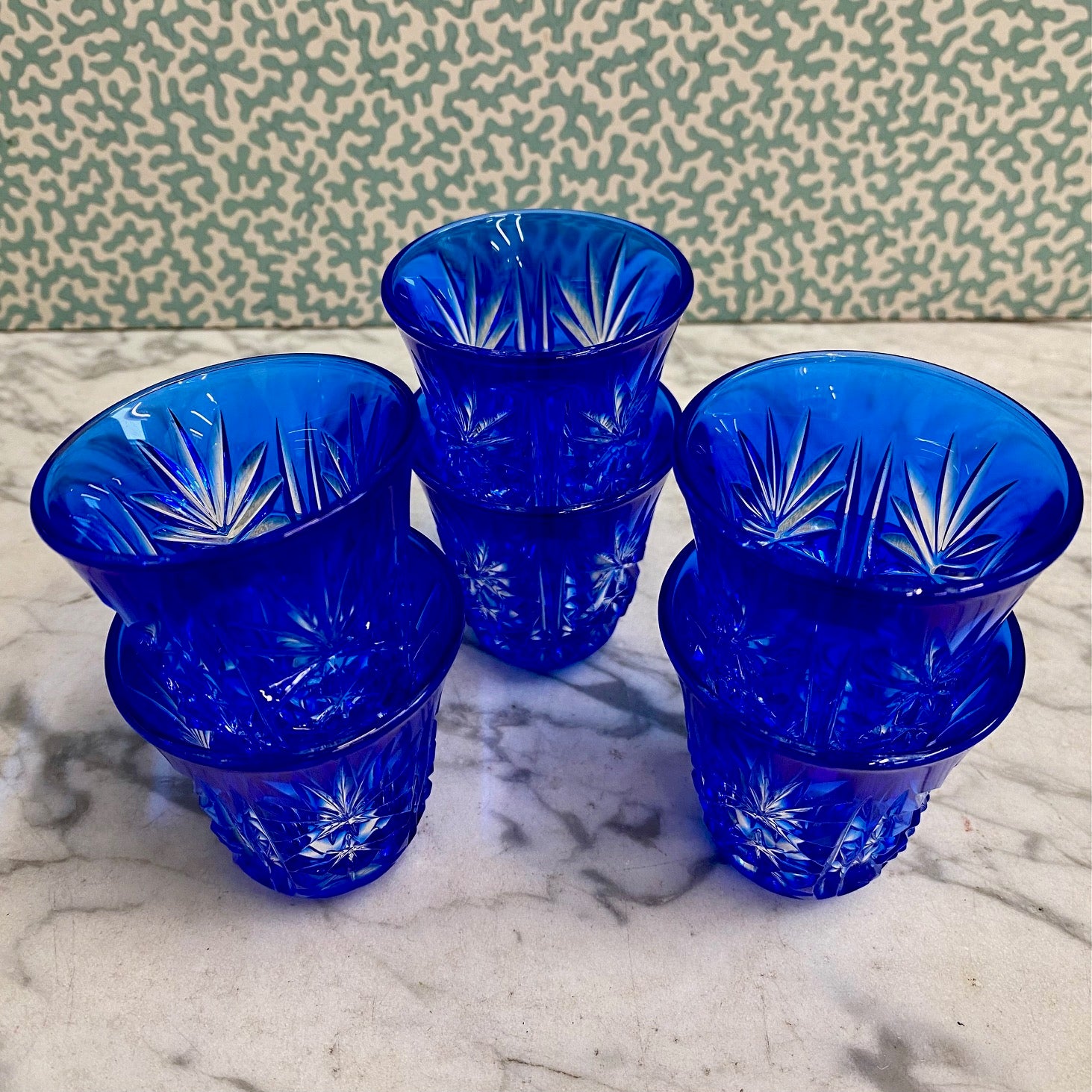 Set 6 Blue Cut Crystal Shot Glasses  C163