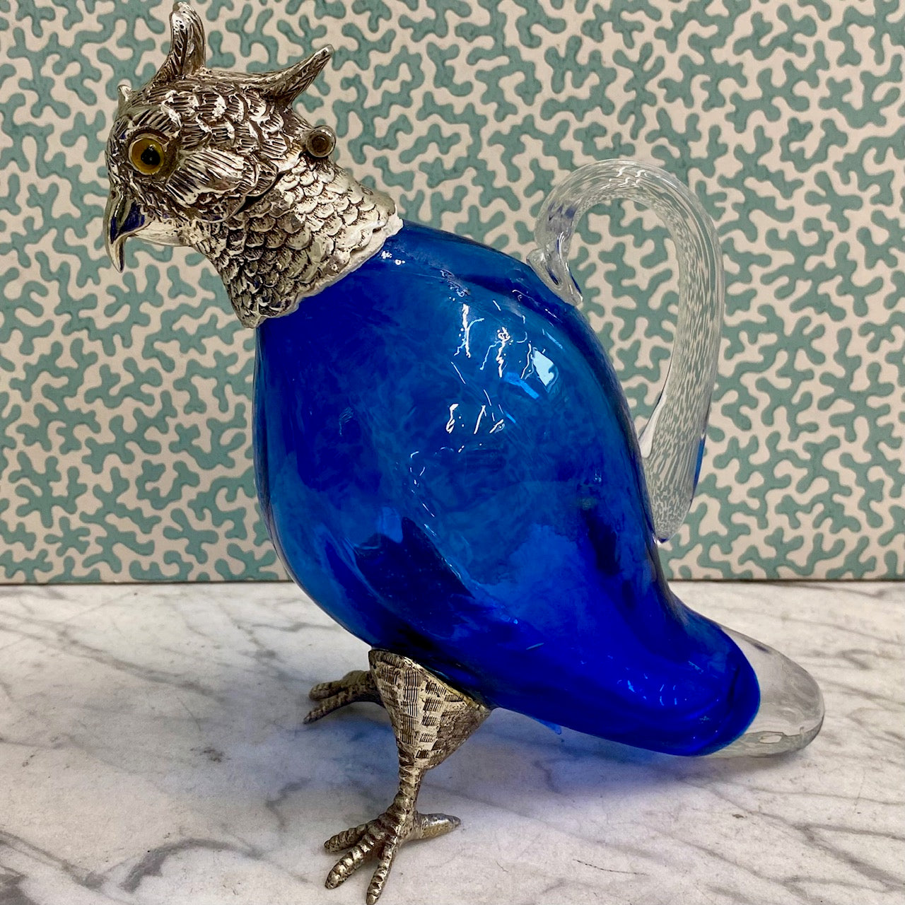 Cobalt Blue Small Parakeet Decanter Victorian Silver Plate  W70