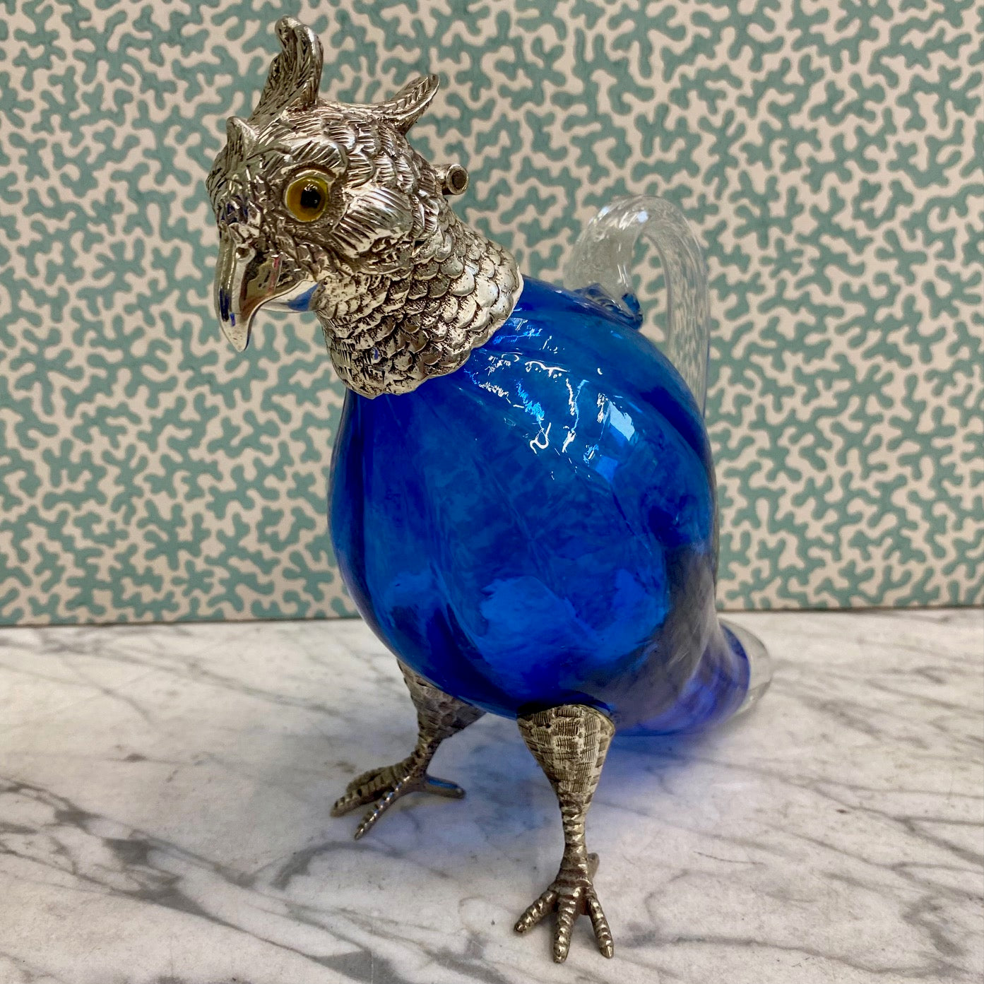 Cobalt Blue Small Parakeet Decanter Victorian Silver Plate  W70