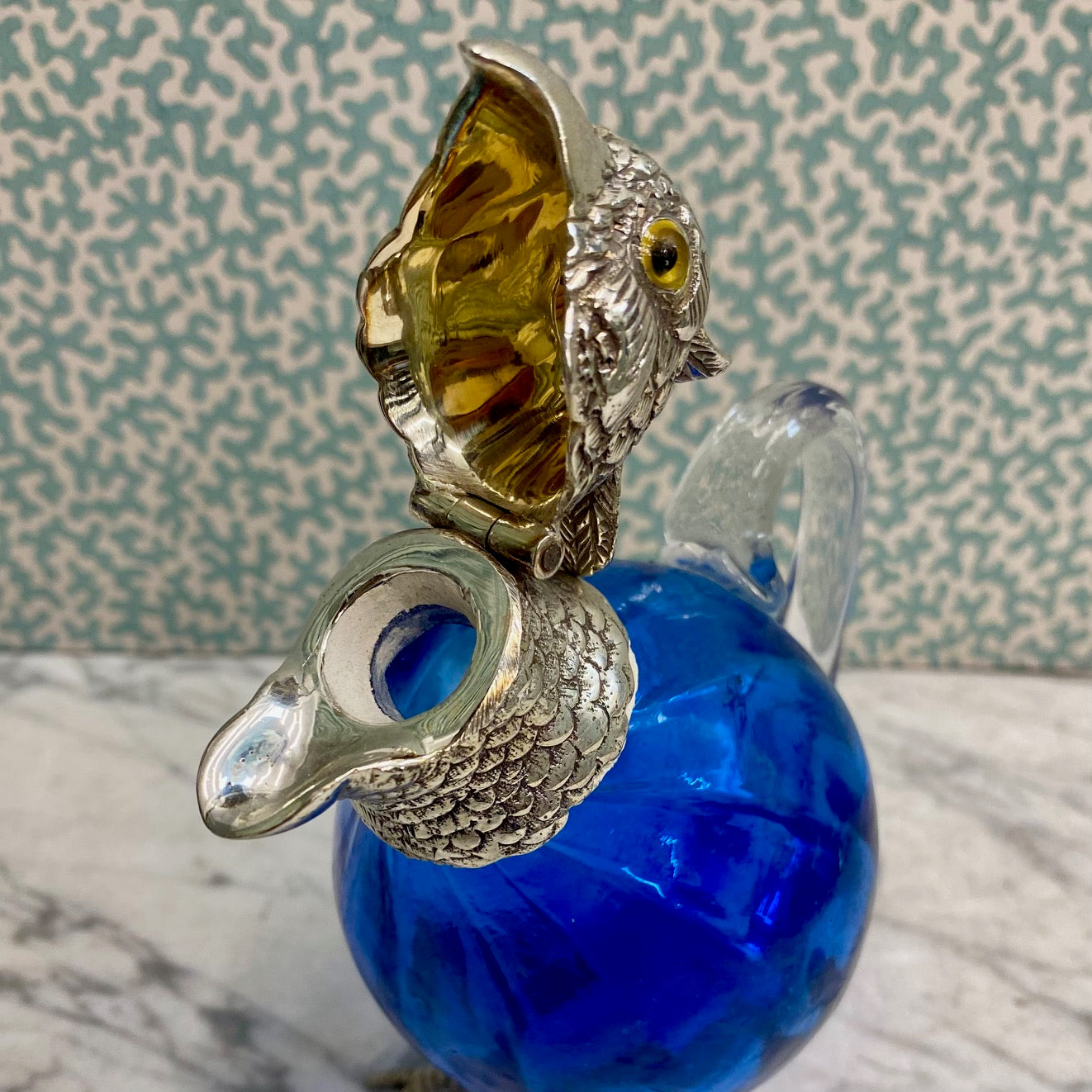 Cobalt Blue Small Parakeet Decanter Victorian Silver Plate  W70
