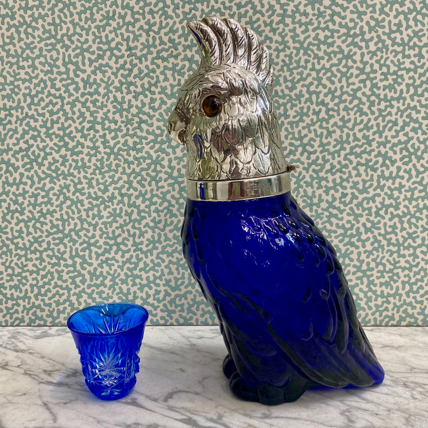 Blue Glass Cockatoo Decanter with Silver Plated Head  R74