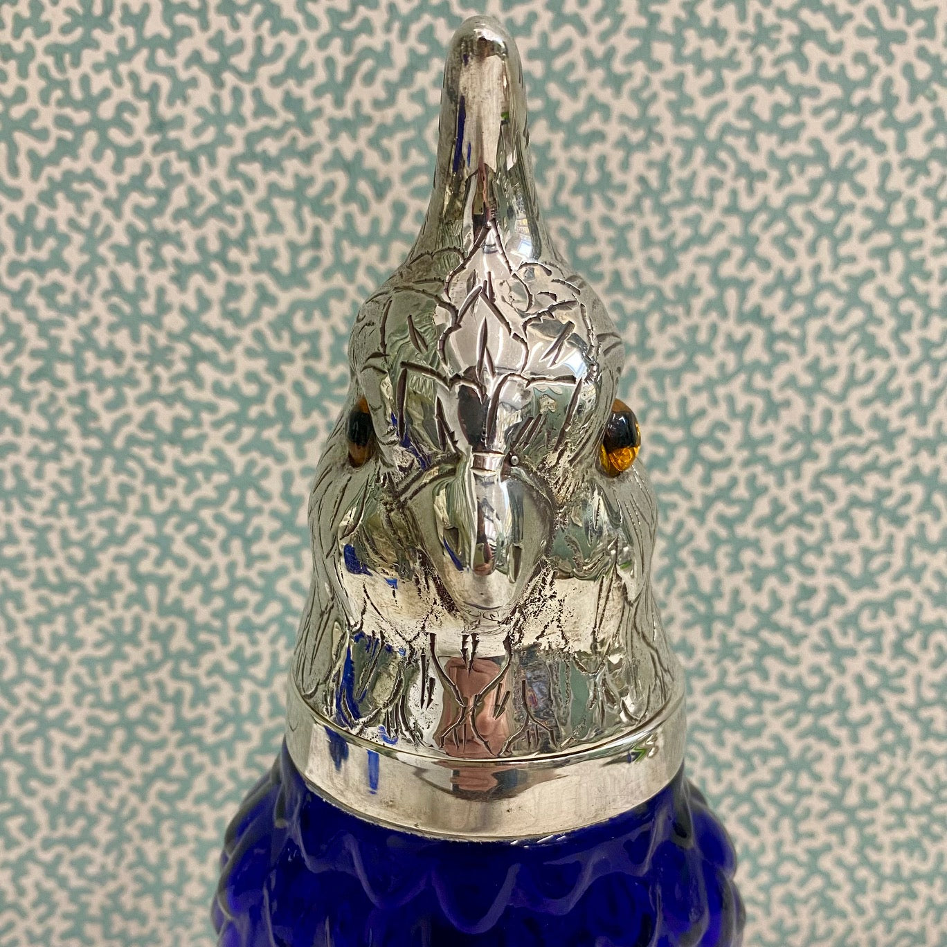 Blue Glass Cockatoo Decanter with Silver Plated Head  R74