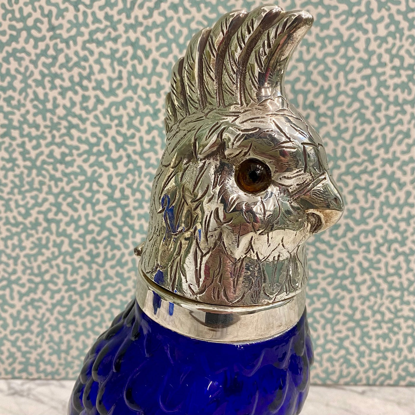 Blue Glass Cockatoo Decanter with Silver Plated Head  R74