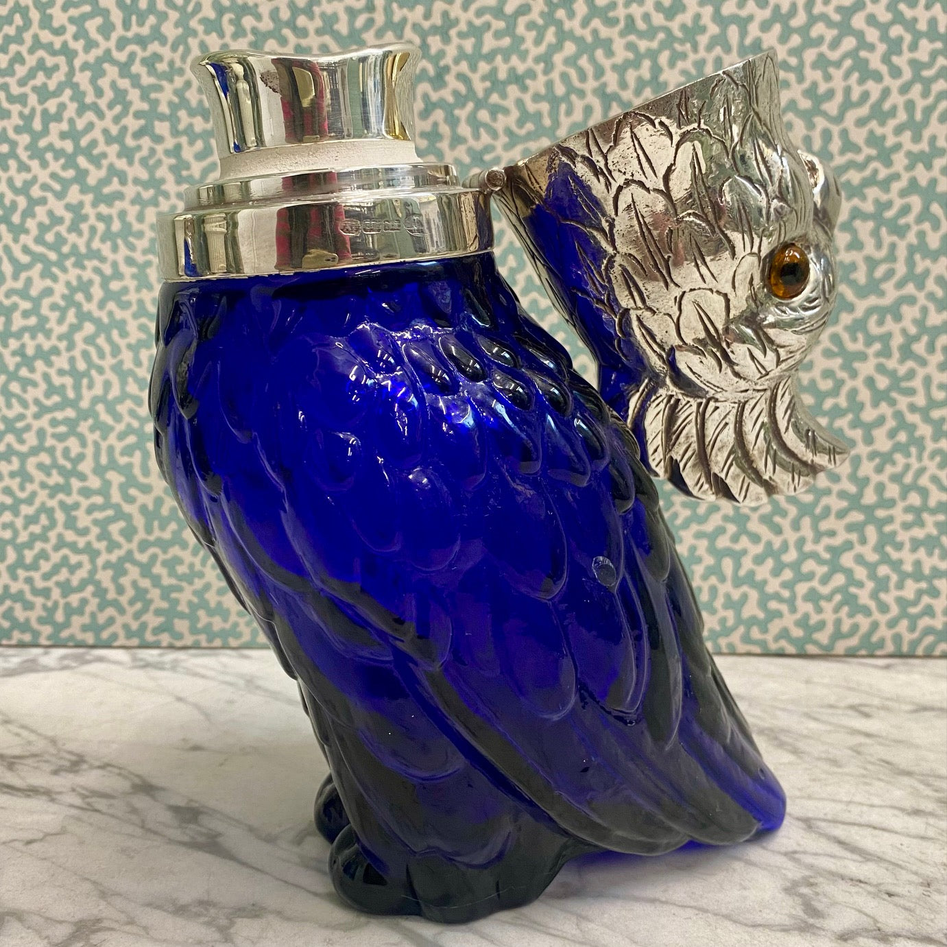 Blue Glass Cockatoo Decanter with Silver Plated Head  R74