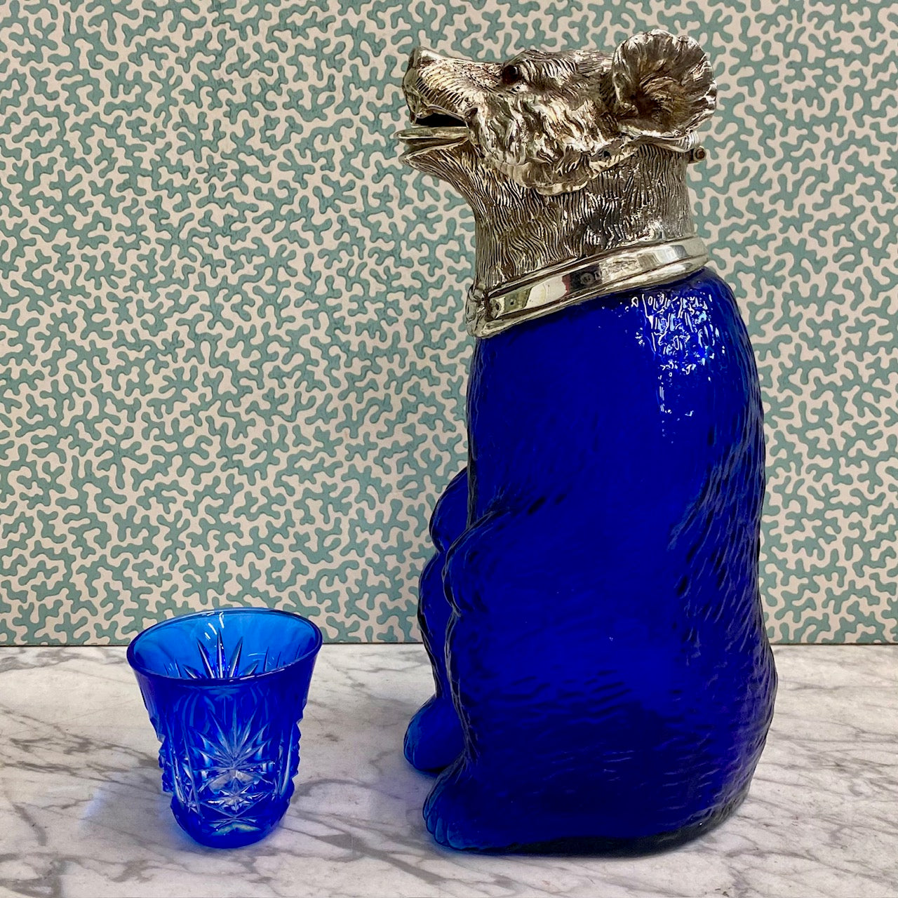 Blue Glass Bear Decanter With Silver Plated Head S10